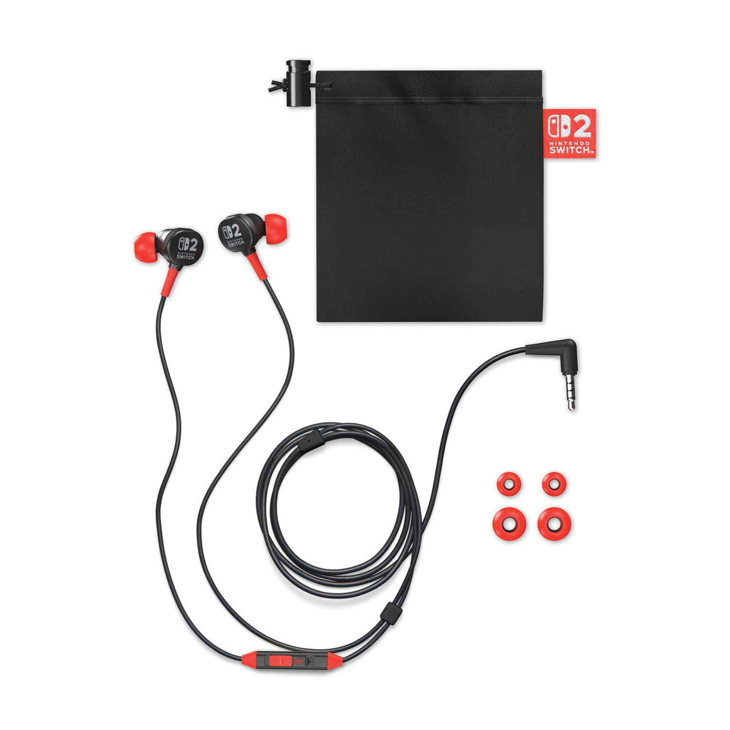 Auricolari con accenti rossi e custodia nera. Gli auricolari sono neri e rossi, con il logo Nintendo Switch.