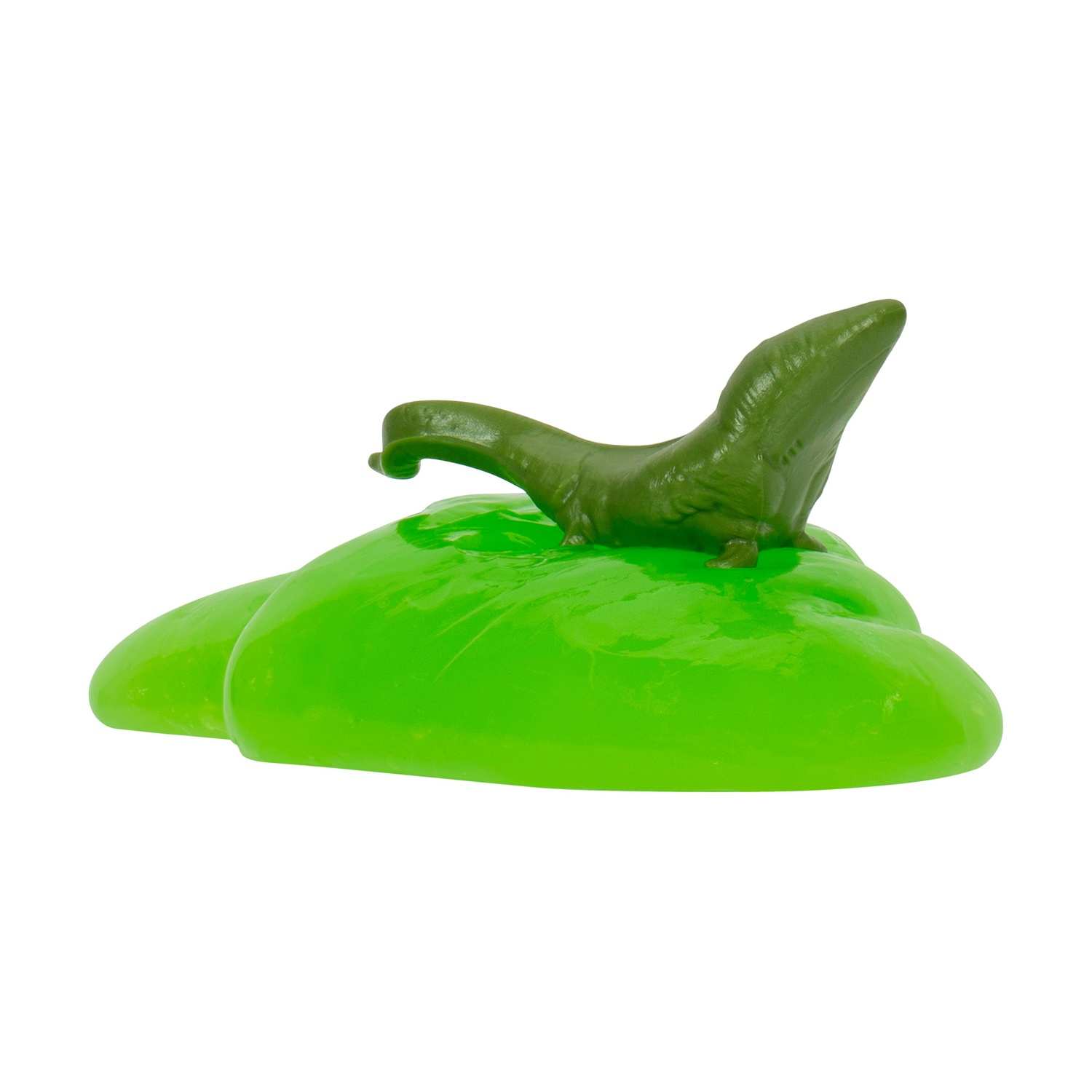 Un giocattolo a forma di peperone verde lucido con un gambo verde scuro su sfondo bianco. Il peperone è liscio e il gambo è strutturato.