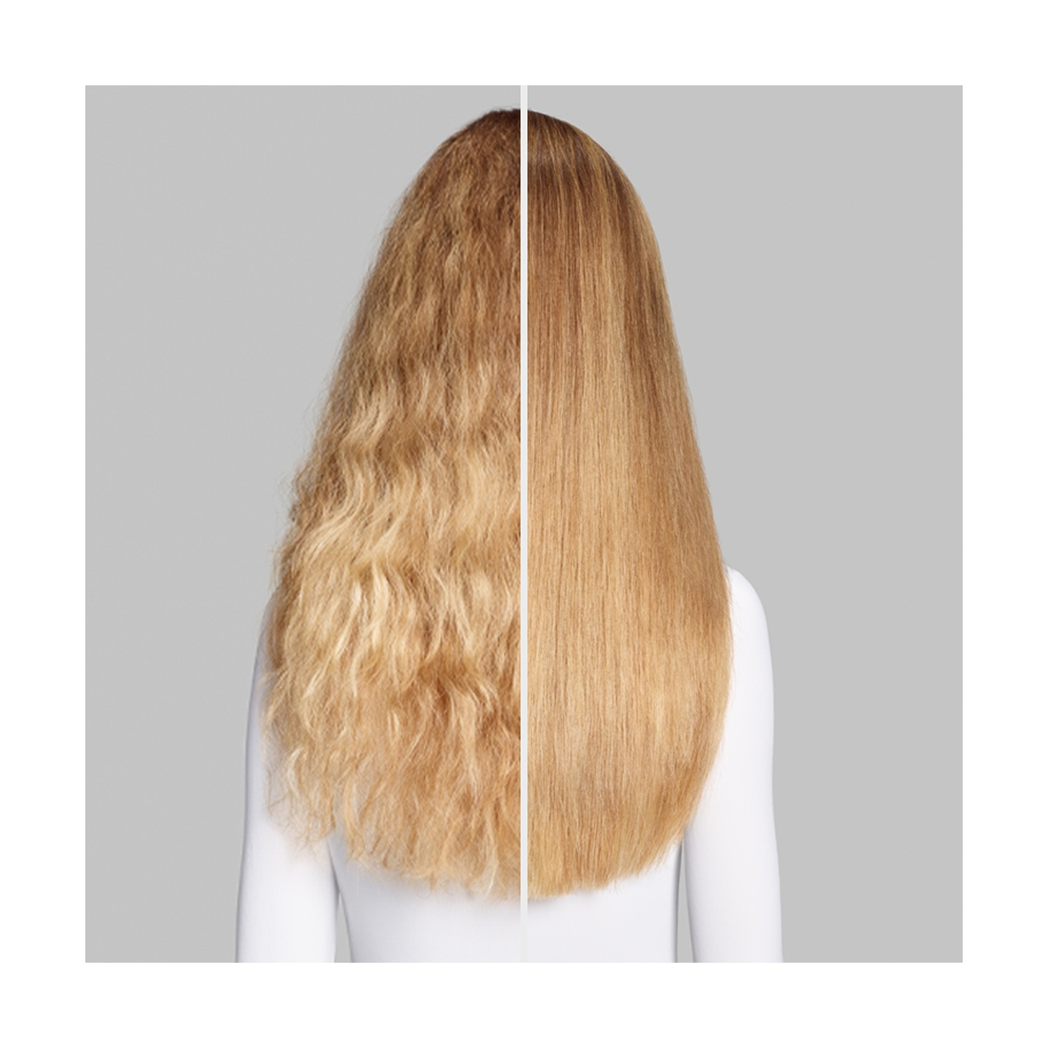 L'immagine mostra capelli biondi prima e dopo il trattamento. Un lato è crespo, l'altro liscio e dritto. Lo sfondo è grigio chiaro.