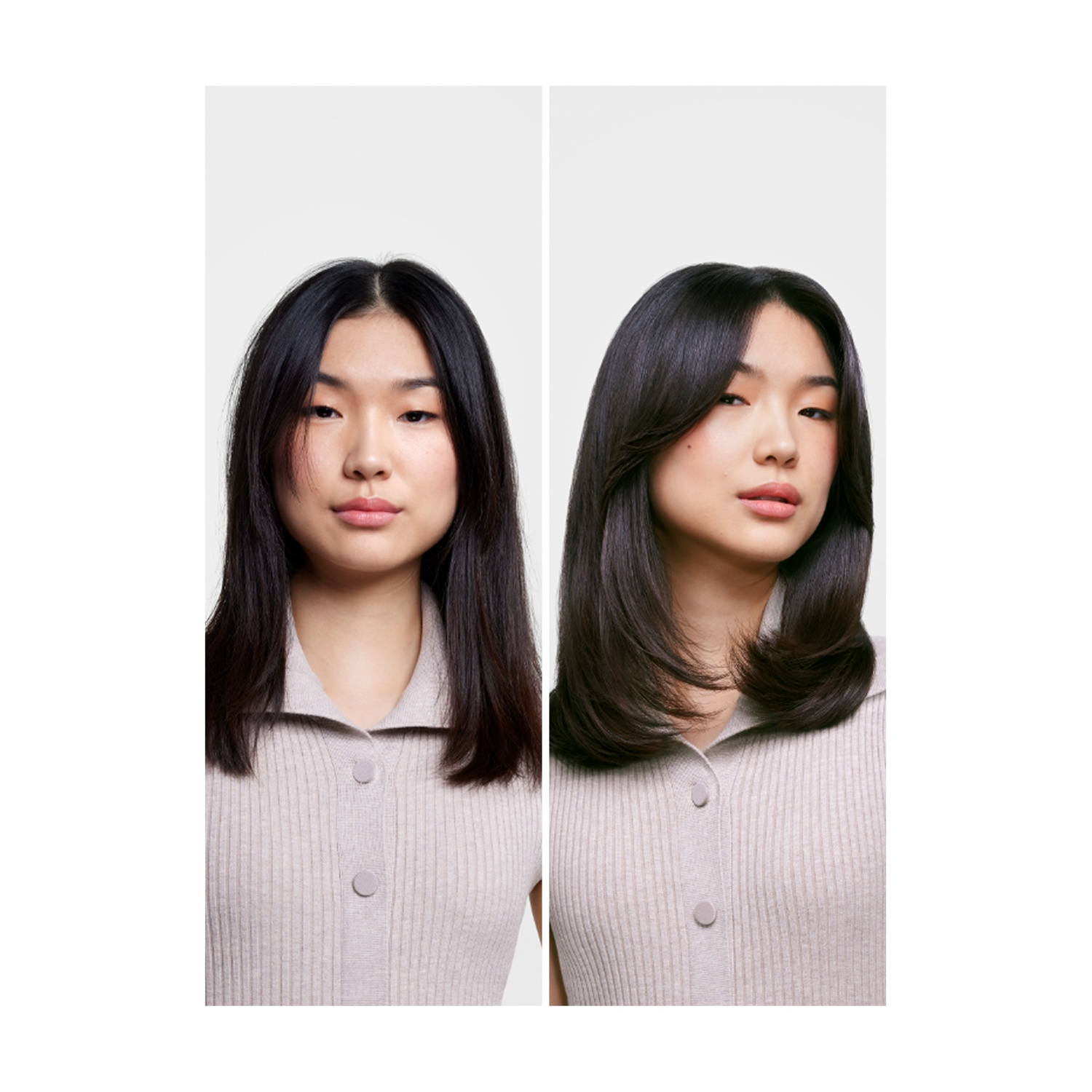 Una donna con capelli neri, prima e dopo il taglio, indossa una camicia beige abbottonata, su sfondo bianco.