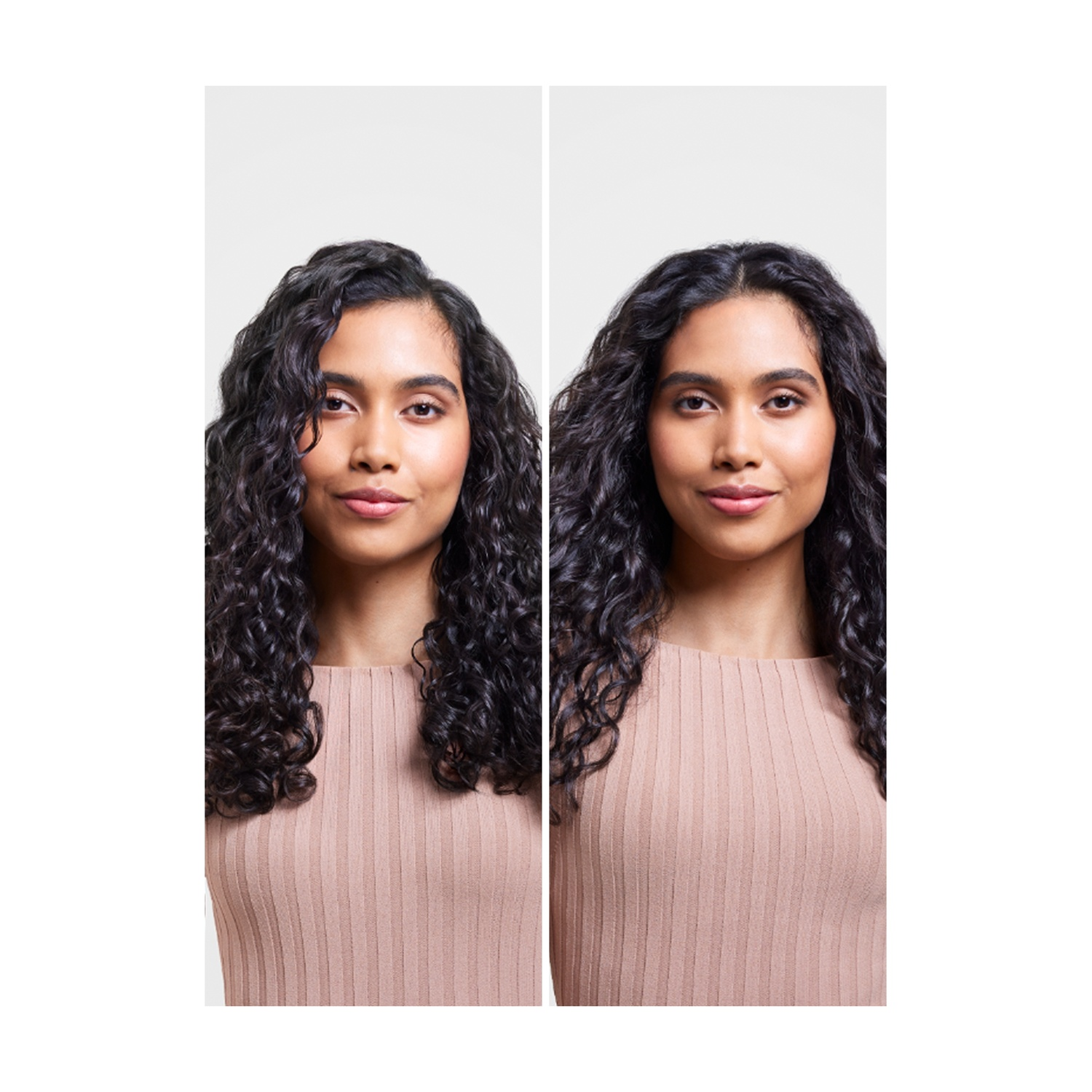 Due ritratti di una donna con capelli ricci scuri, con un top beige, su sfondo bianco. Il lato sinistro mostra più volume.