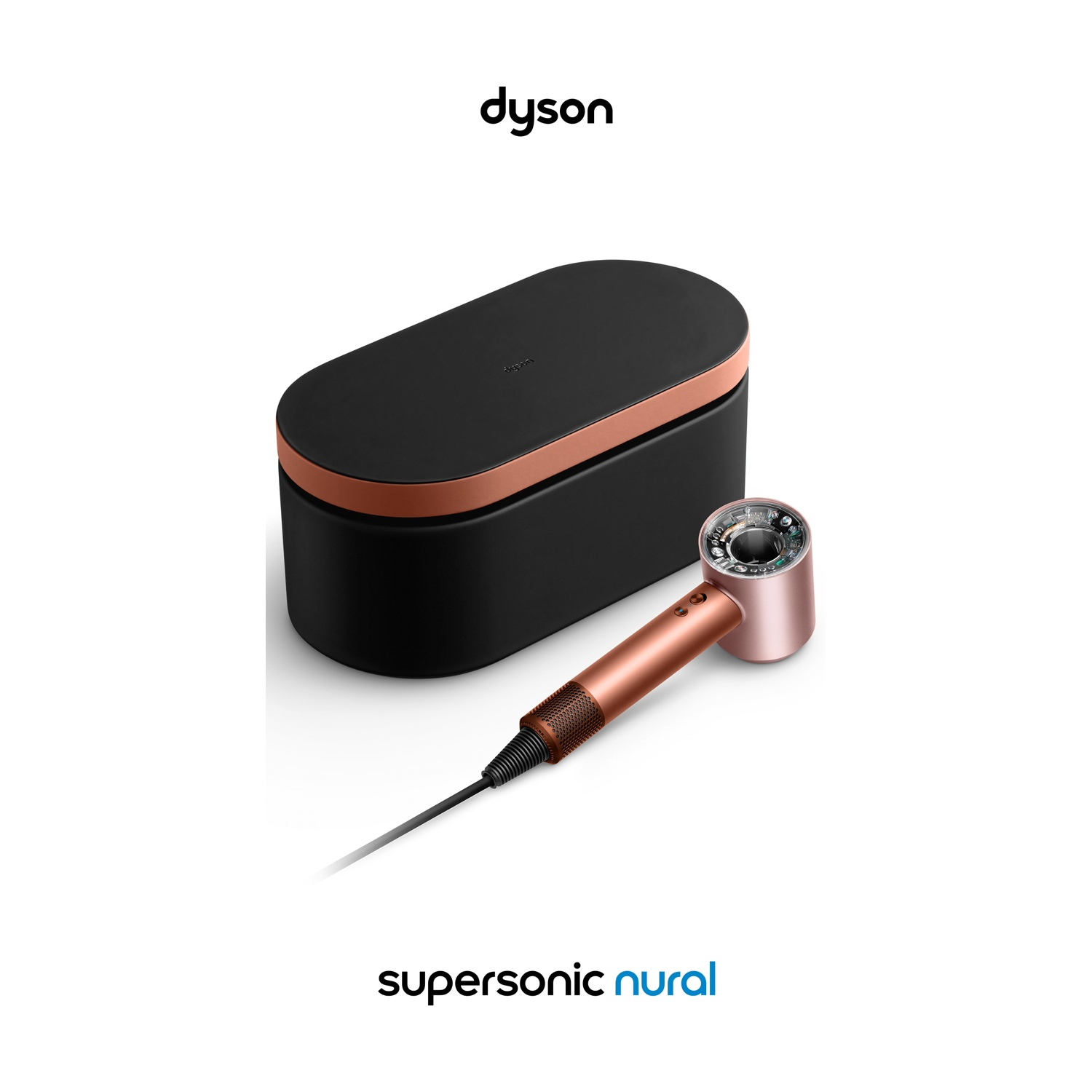 Un asciugacapelli Dyson Supersonic Nural e una custodia. L'asciugacapelli è rame e nero, con un cavo nero. La custodia è nera e rame.