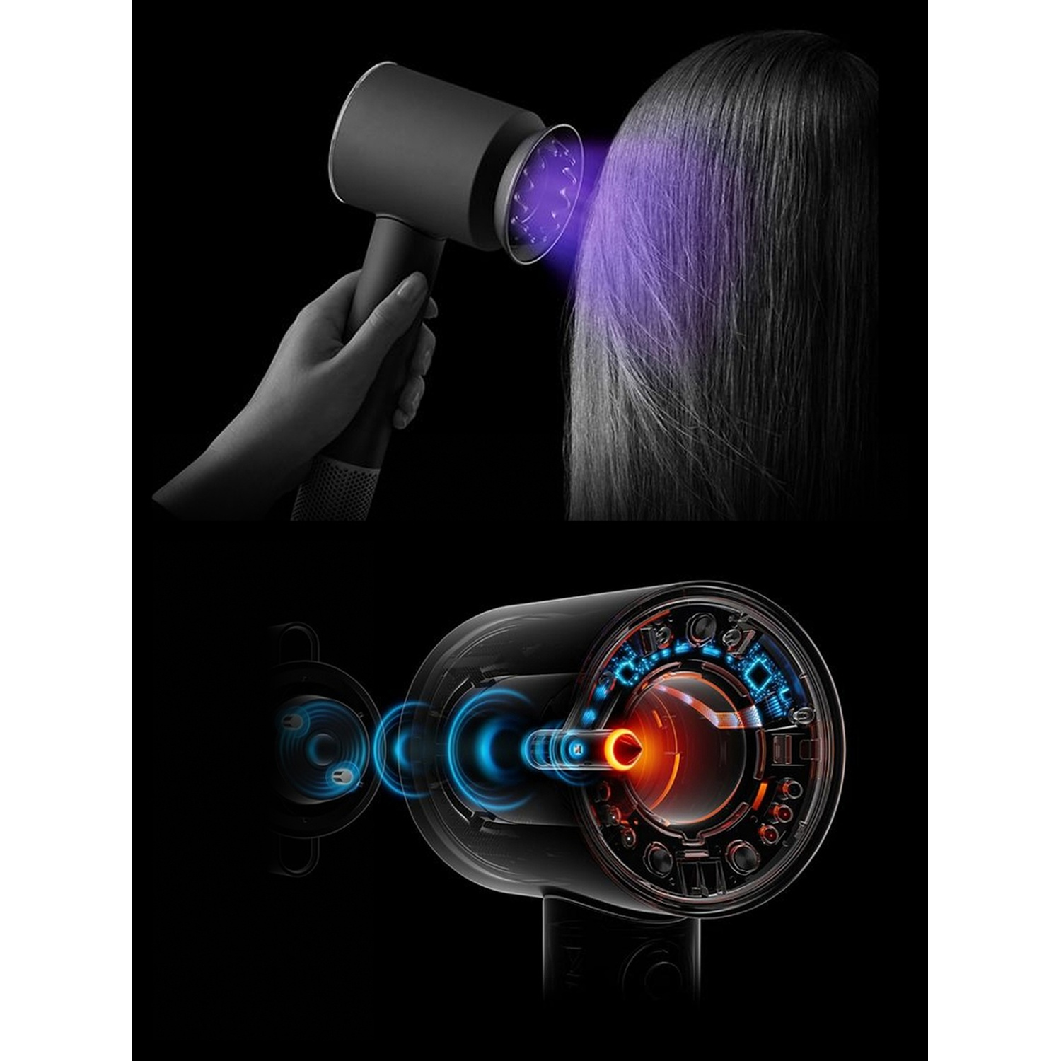 Un asciugacapelli nero è tenuto vicino a capelli scuri, emettendo luce viola. Sotto, i meccanismi interni dell'asciugacapelli sono illuminati.