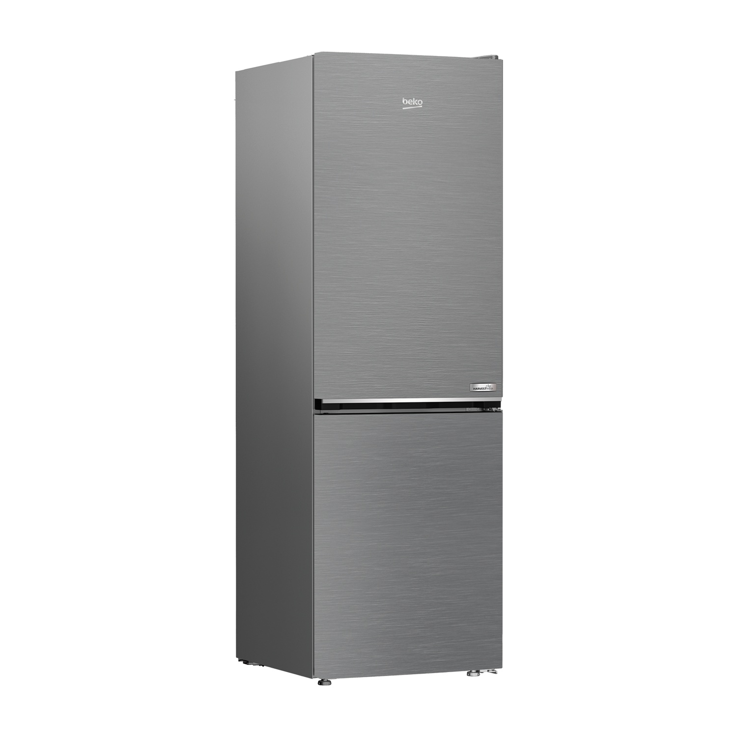 Un frigorifero Beko argentato con due ante. L'anta superiore ha il logo Beko. L'anta inferiore ha una maniglia. È su uno sfondo bianco.