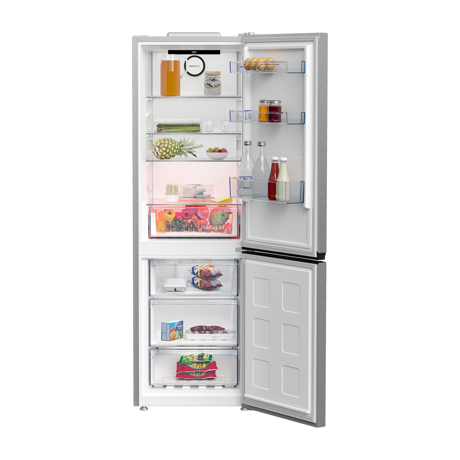 Un frigorifero aperto mostra alimenti: succo, ananas, verdure, frutta, uova, salse e prodotti surgelati nei cassetti. La porta è aperta.