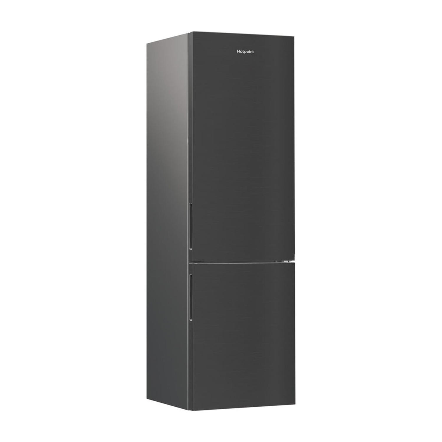 Un frigorifero Hotpoint grigio scuro su sfondo bianco. Ha due porte, una sopra l'altra.