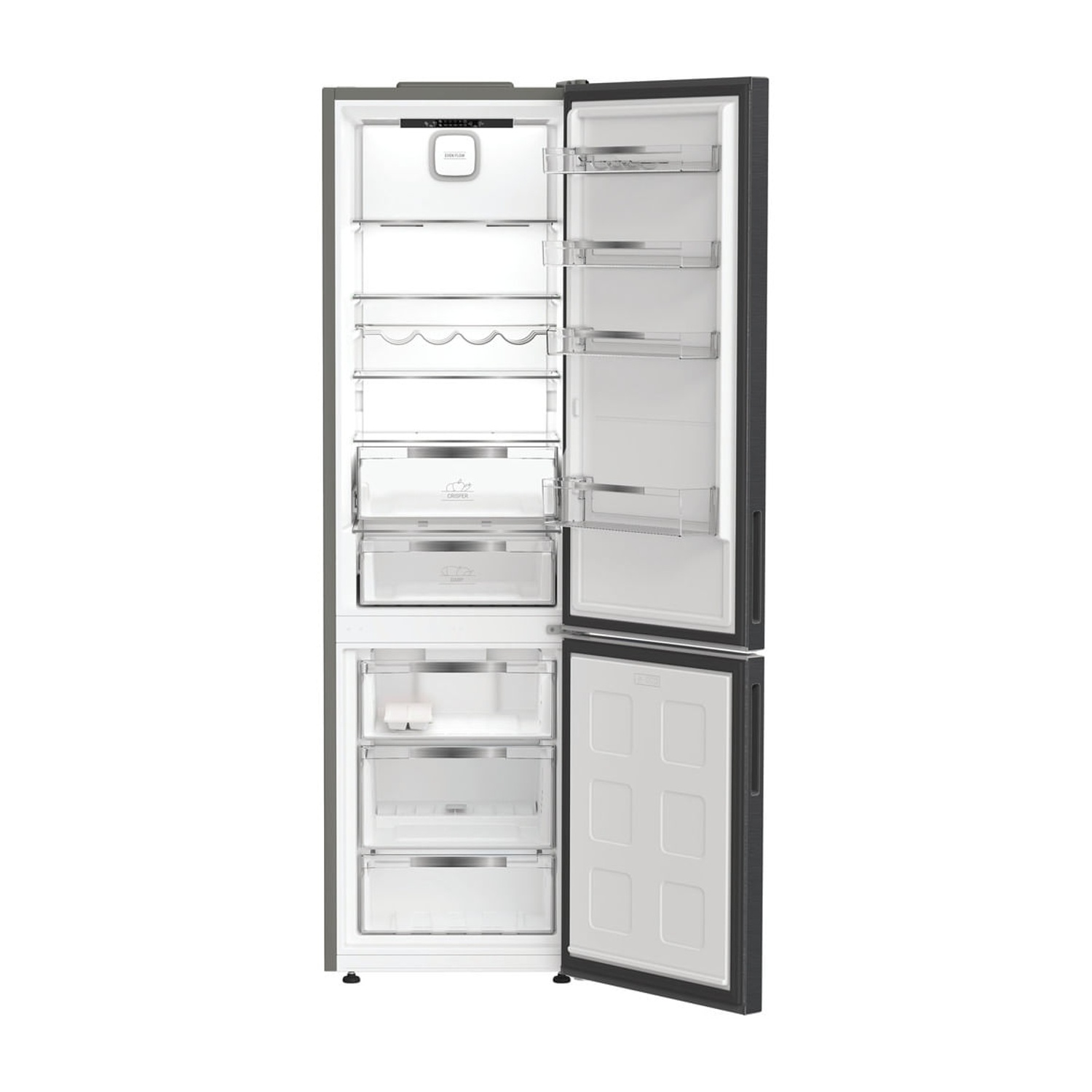 Frigorifero aperto con due porte. L'interno mostra ripiani, cassetti e scomparti. Cornice nera con interno bianco. Isolato su sfondo bianco.