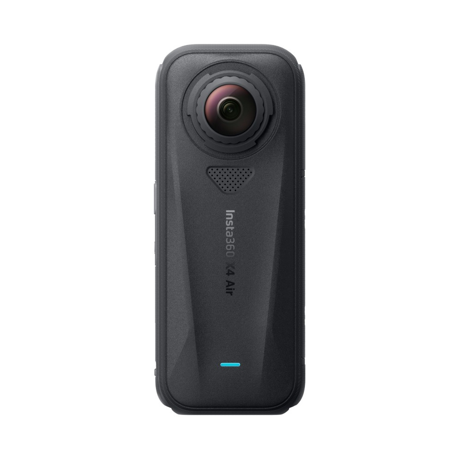 Una fotocamera nera Insta360 X4 Air. Ha un obiettivo in alto, il marchio di lato e una luce blu in basso.