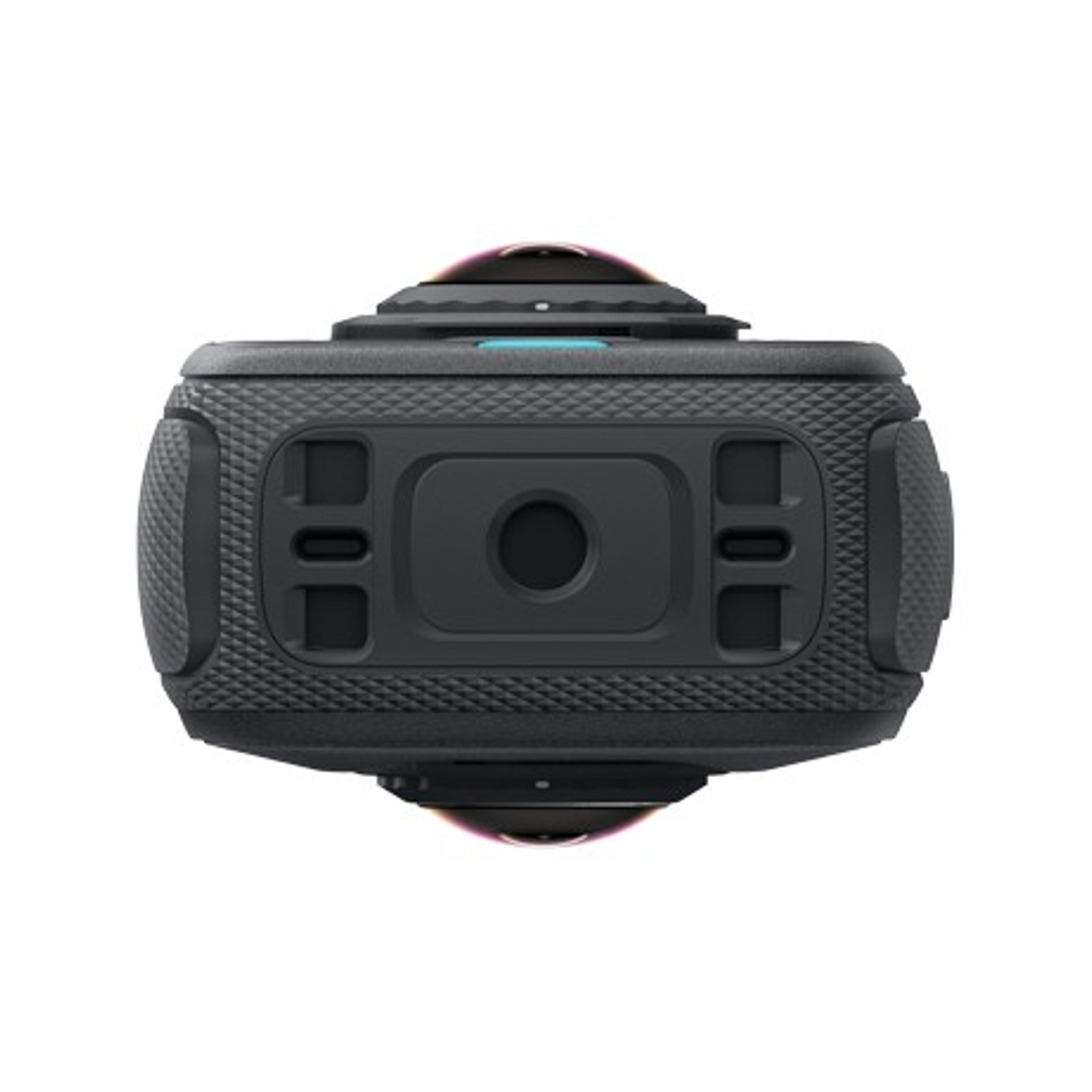 Una fotocamera nera a 360 gradi è centrata. Ha due lenti e diversi pulsanti. Lo sfondo è bianco.