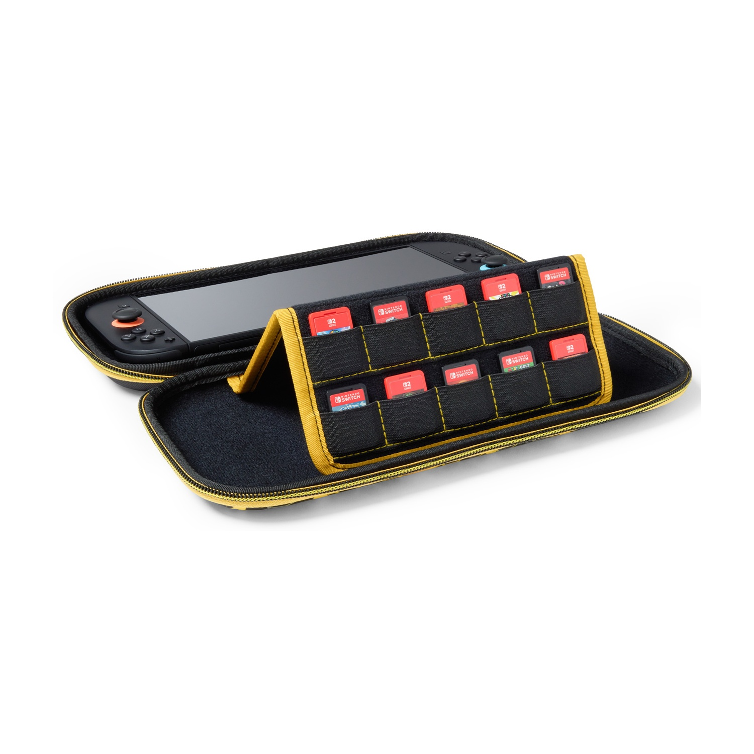 Custodia nera e gialla aperta con Nintendo Switch e cartucce di gioco. Lo Switch è nella custodia e le cartucce in un supporto.