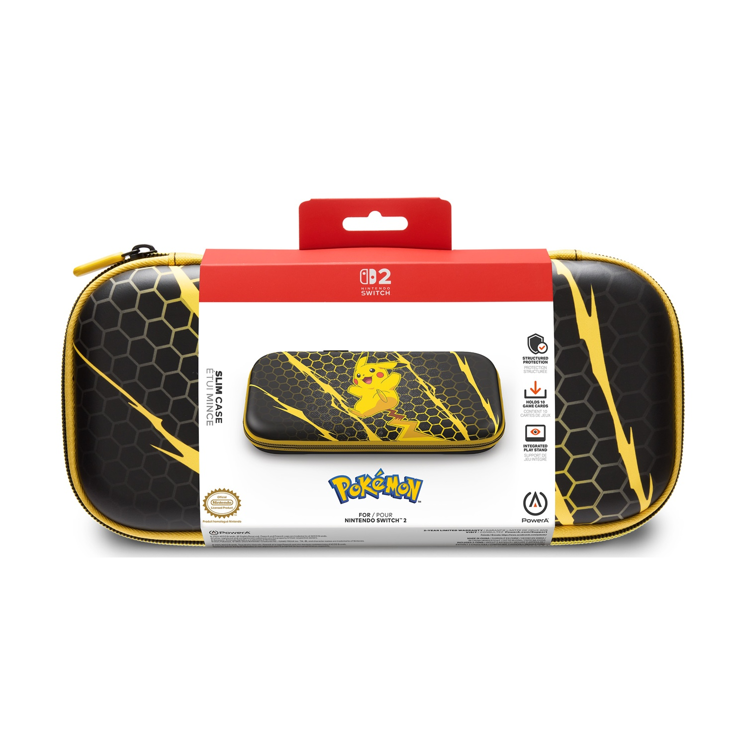 Una custodia nera e gialla per Nintendo Switch con design Pikachu. È in una scatola con etichette rosse e bianche.