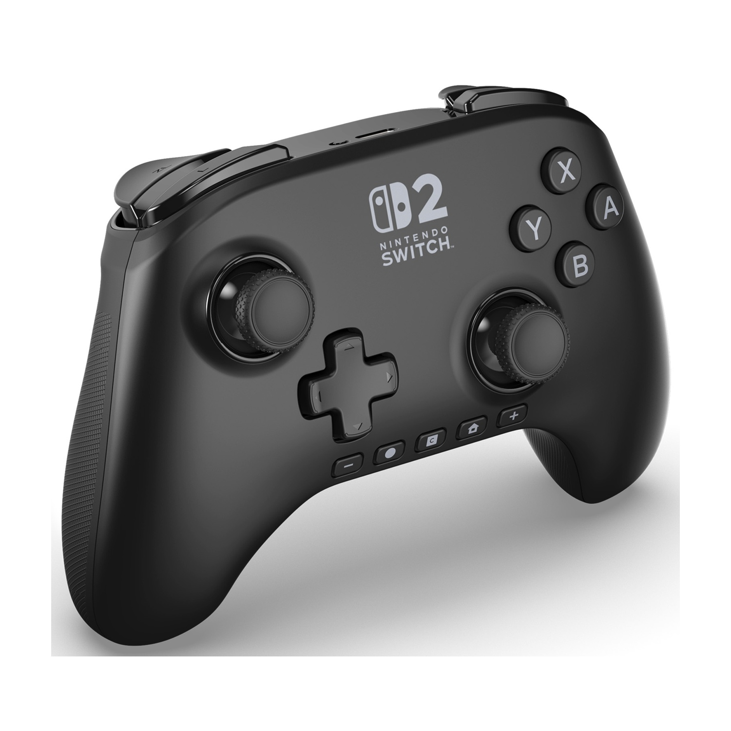 Un controller Nintendo Switch nero. Ha pulsanti, joystick e un D-pad. Il logo Switch è visibile.