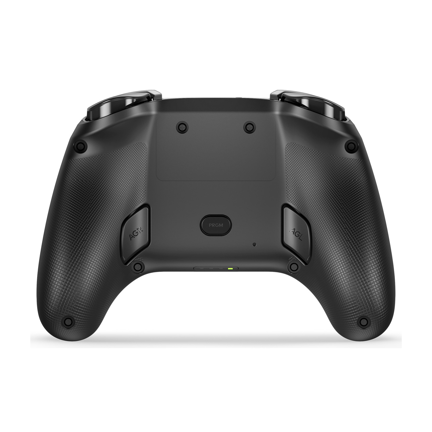 Controller di gioco nero con impugnature strutturate e pulsanti con etichetta AGR, AGL e PRGM. Due grilletti superiori e una luce verde.
