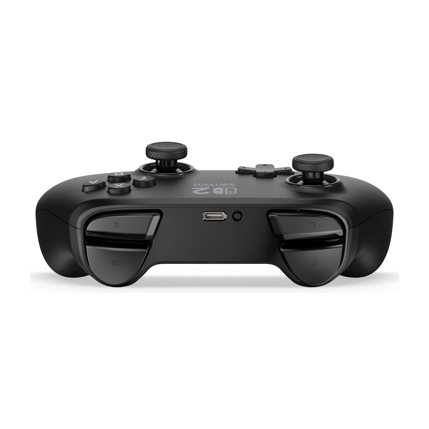 Un controller Switch nero è centrato. Ha due joystick, pulsanti e grilletti. Lo sfondo è bianco.