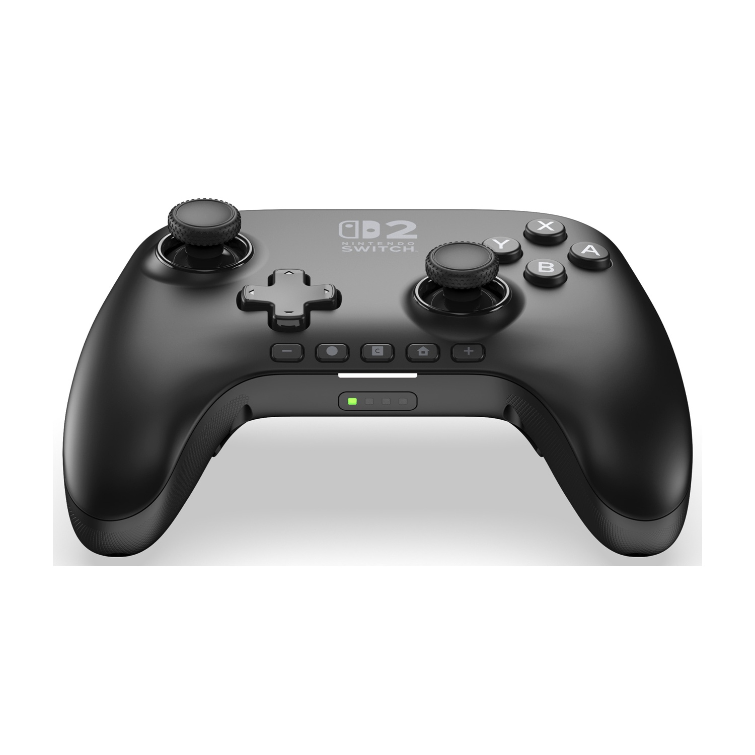 Un controller Nintendo Switch nero con pulsanti, joystick e un D-pad, su sfondo bianco.