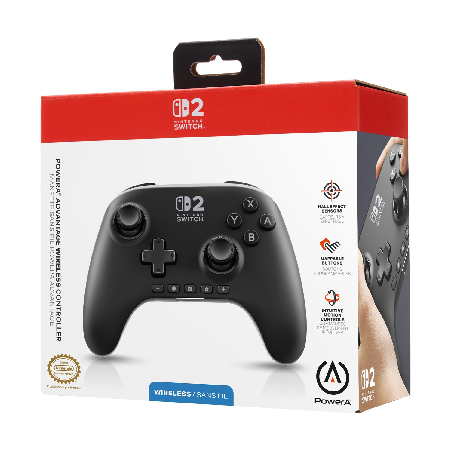 Una scatola nera per controller Nintendo Switch. Presenta un controller nero, dettagli del prodotto e il logo Nintendo Switch. La scatola è rossa e bianca.