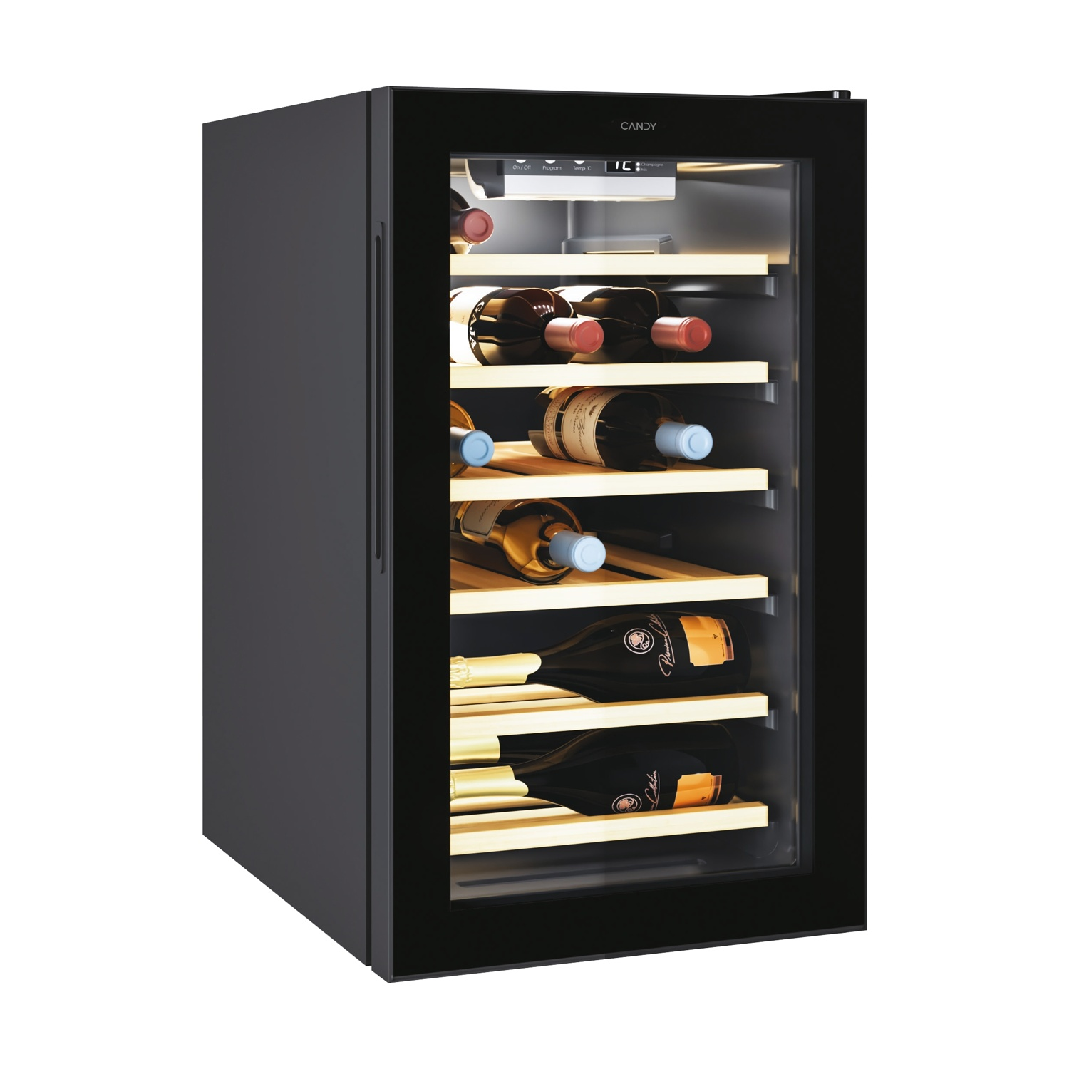 Un refrigeratore per vini nero con porta in vetro. All'interno, bottiglie di vino poggiano su ripiani in legno. Il refrigeratore ha il logo del marchio Candy.