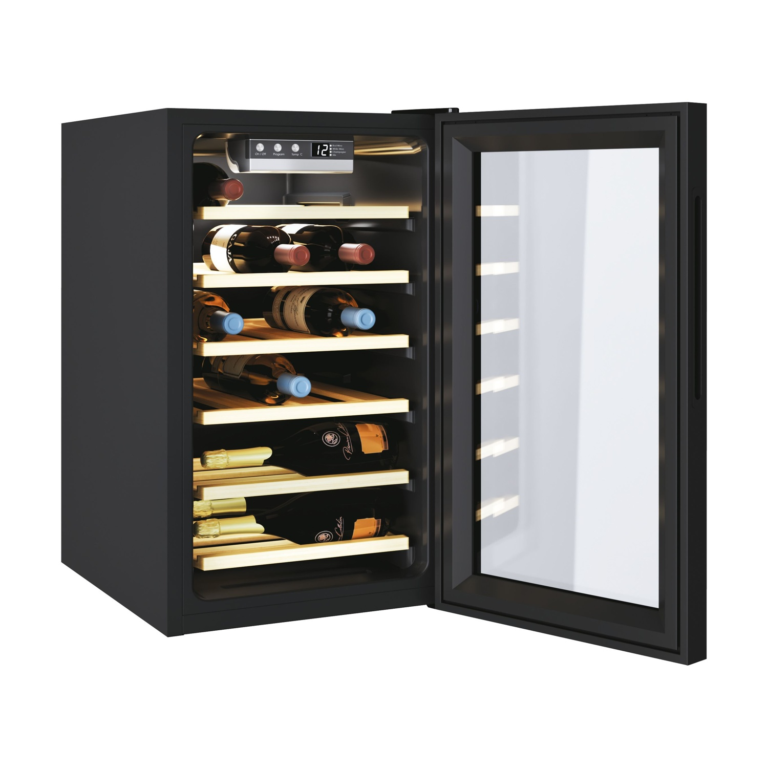 Un refrigeratore per vino nero con porta a vetri aperta, che rivela diverse bottiglie di vino su ripiani in legno, display della temperatura in alto.