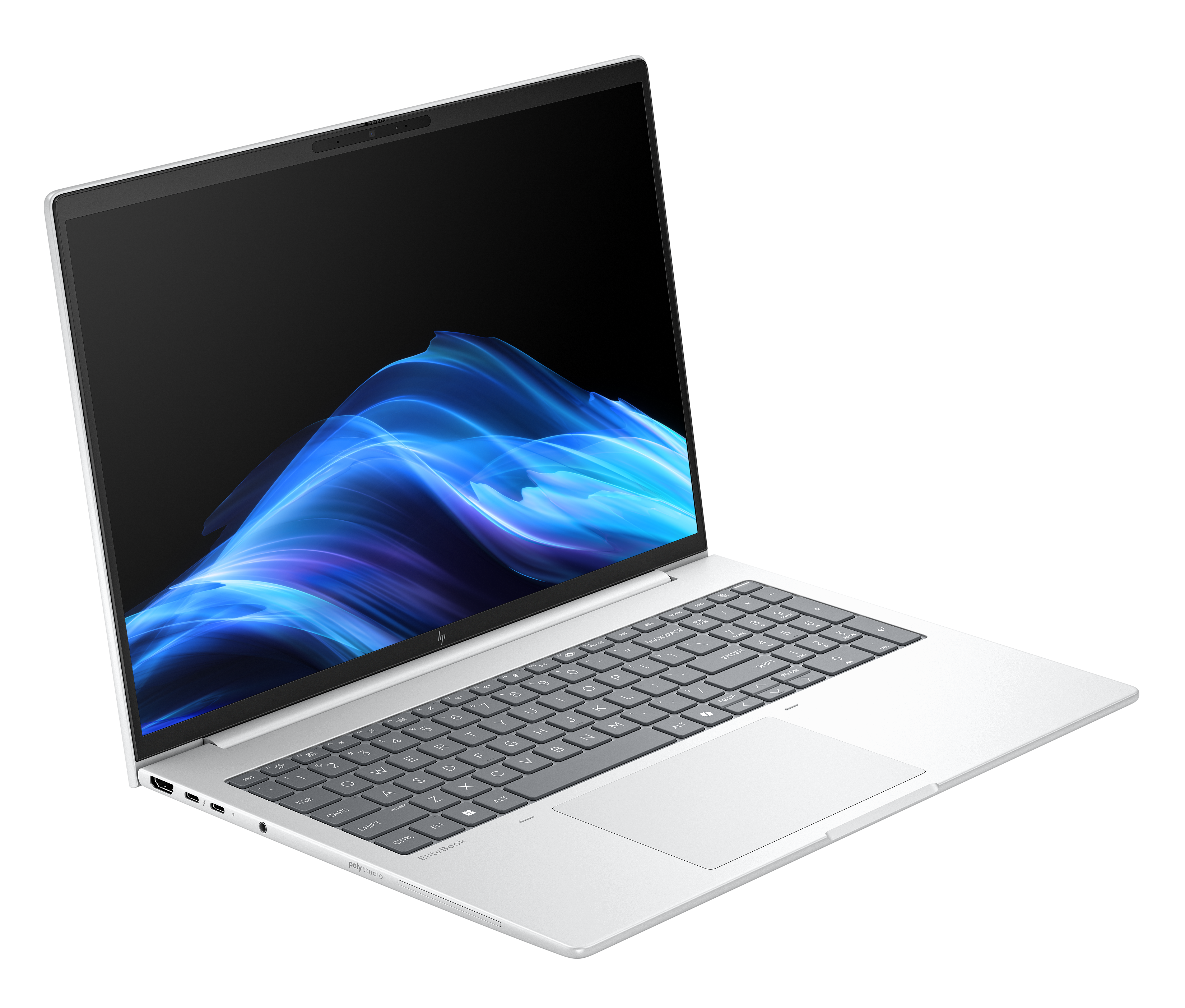 Silberner Laptop geöffnet, Bildschirm zeigt blaues abstraktes Design, Tastatur sichtbar, Touchpad darunter. Weißer Hintergrund.