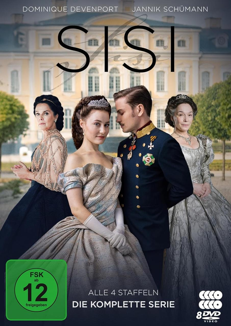 DVD-Cover der Sisi-Serie. Zeigt vier Schauspieler in historischer Kleidung vor einem Palasthintergrund. Text enthält Serientitel und Bewertung.