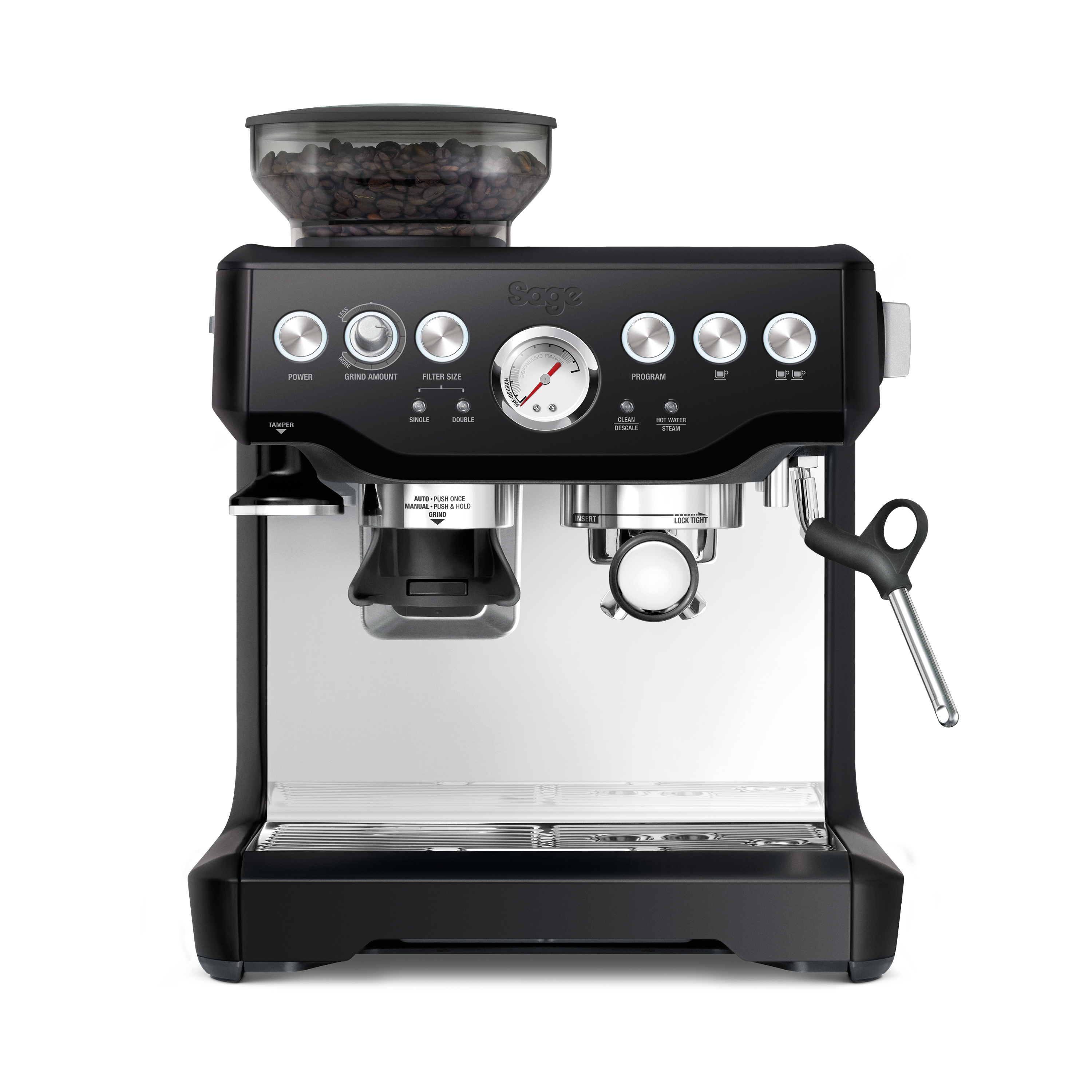 Schwarze Espressomaschine mit Bohnenbehälter, Messgeräten und Bedienelementen. Silberne Akzente. Der Hintergrund ist braun strukturiert.