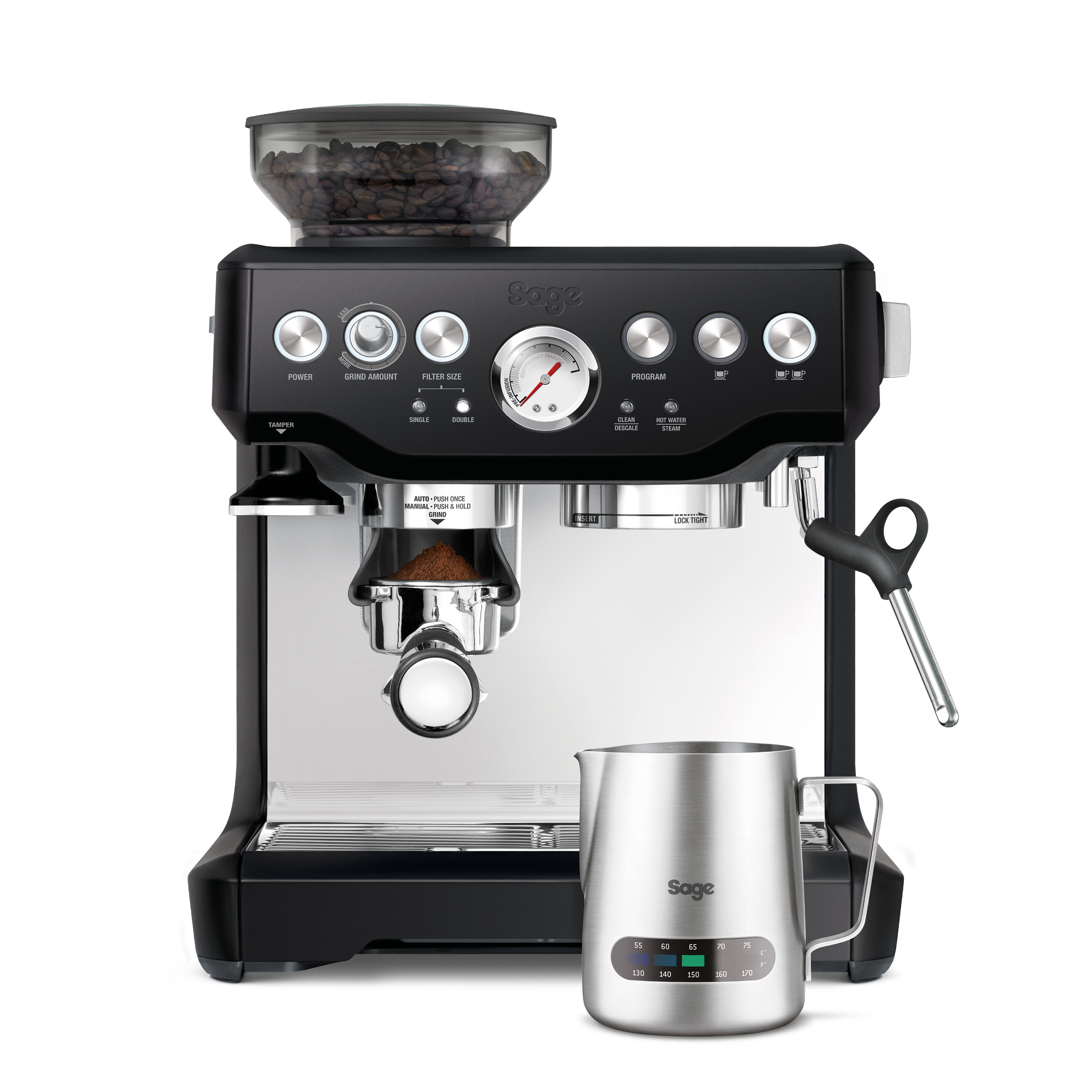 Eine schwarze Sage Espressomaschine mit Bohnenbehälter, Anzeigen und Milchaufschäumer steht auf weißem Hintergrund.