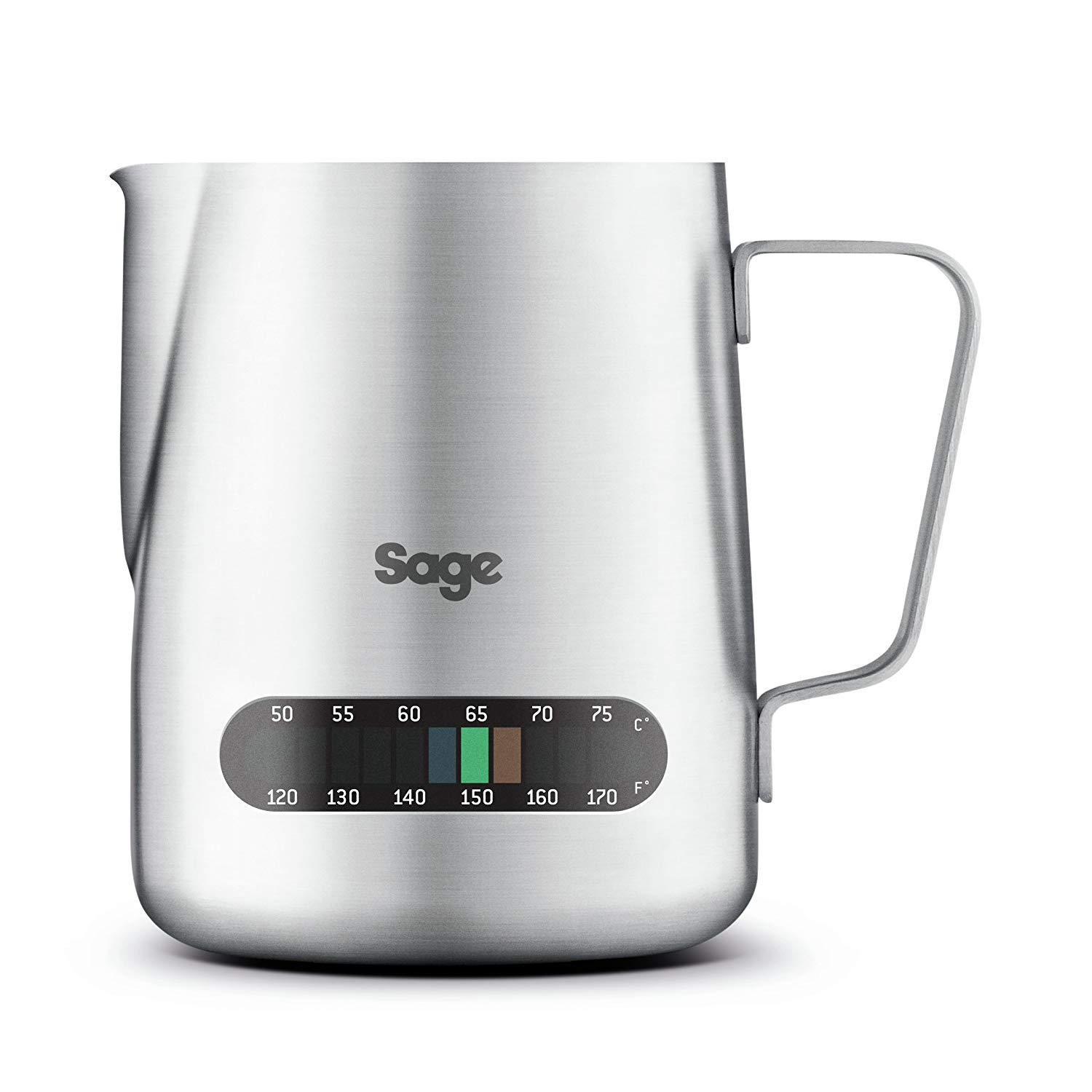Ein milchaufschäumender Krug von Sage aus Edelstahl mit Griff und Temperaturanzeige. Die Anzeige zeigt Celsius und Fahrenheit.