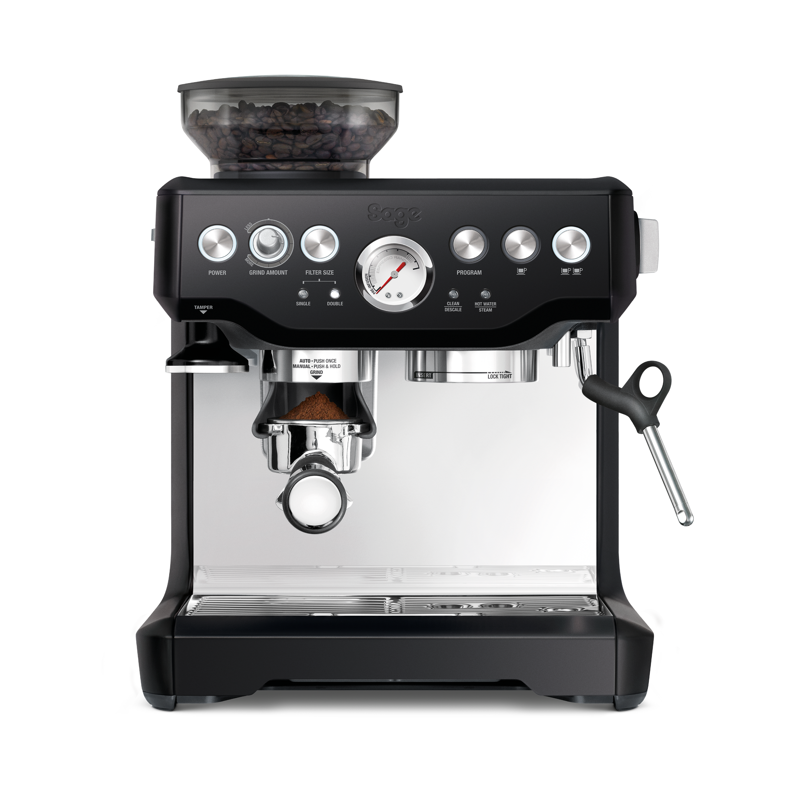 Eine schwarze Sage Espressomaschine mit Bohnenbehälter, Drehreglern, Knöpfen und einem Siebträger mit Kaffeepulver.
