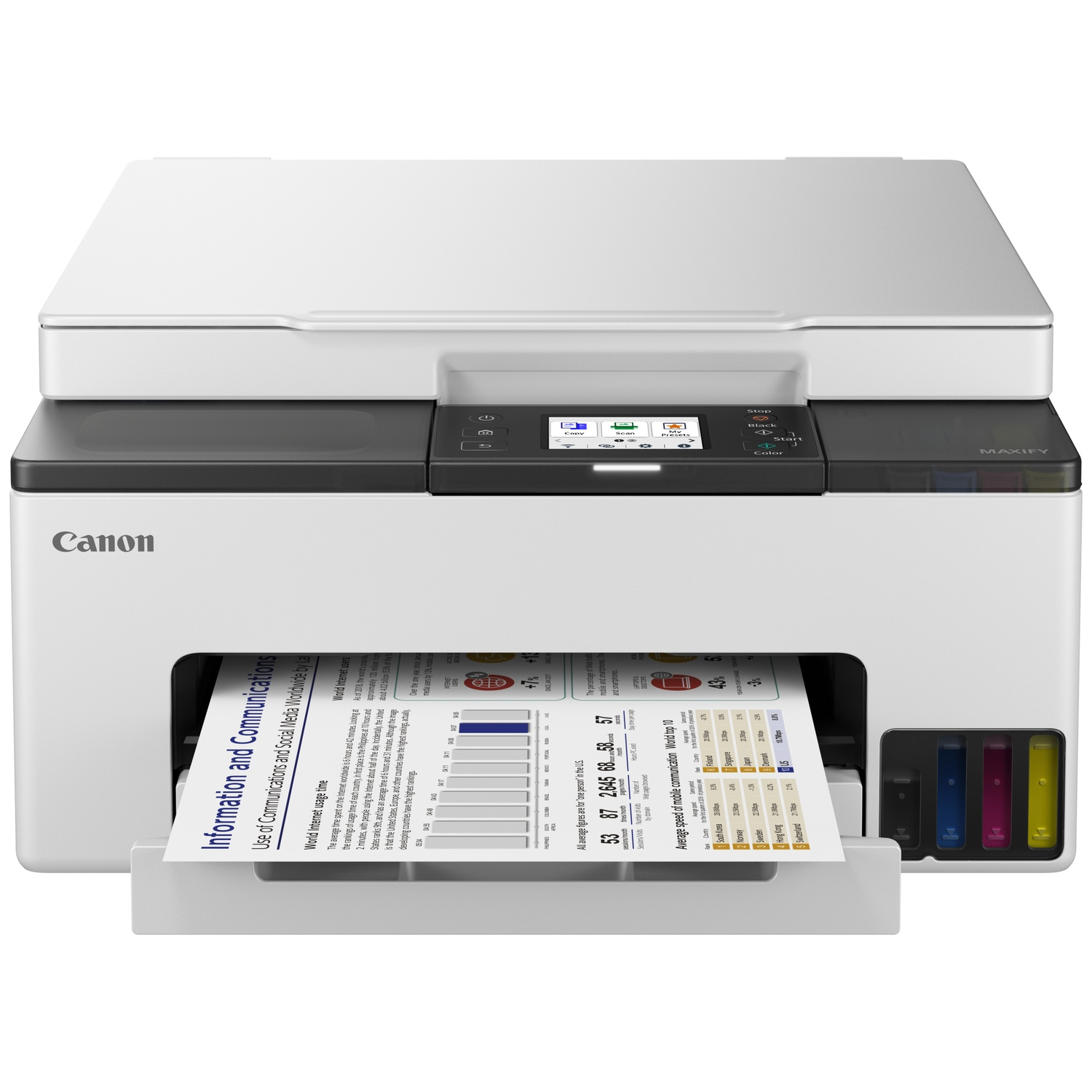 Imprimante Canon MAXIFY blanche avec un document imprimé dans le bac. Couleurs : noir, rose, cyan, jaune.