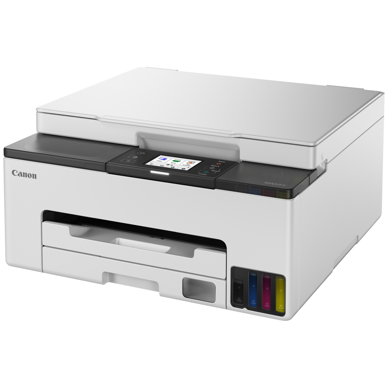Une imprimante Canon Maxify blanche. Elle possède un scanner, un bac à papier et des cartouches d'encre. L'imprimante est sur fond blanc.