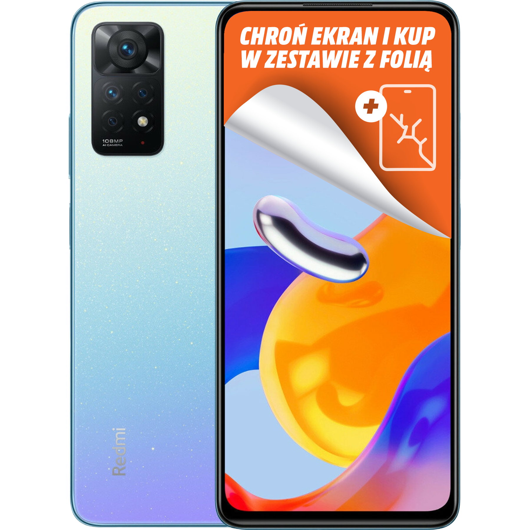 Smartfon z odklejaną folią ochronną na ekran. Telefon ma niebieski tył i wiele aparatów.