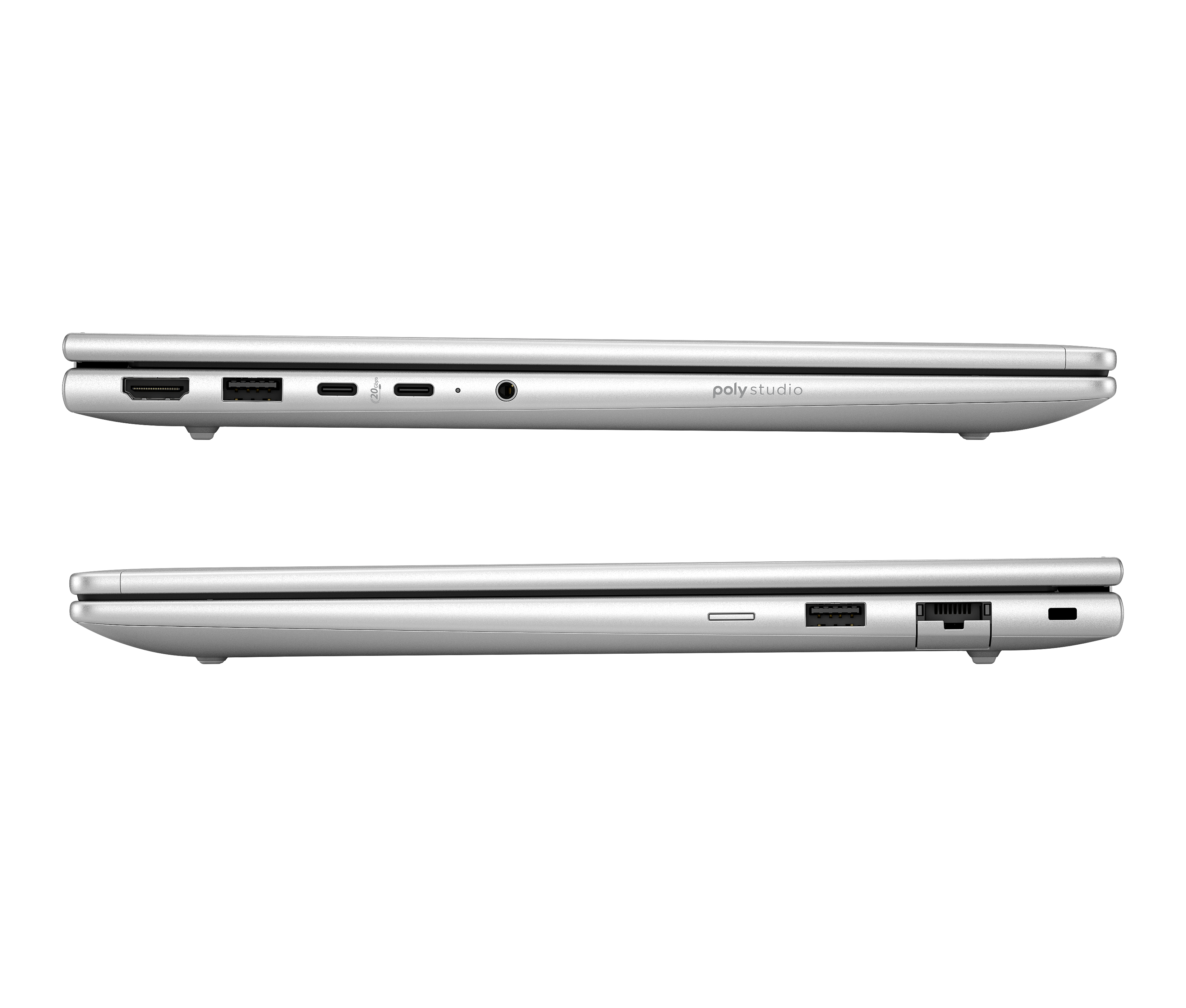 Vue latérale d'un ordinateur portable argenté avec divers ports. Il a un design élégant, avec le logo Poly Studio visible.