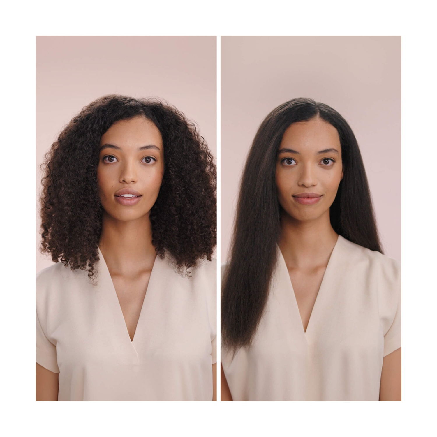 Una donna con capelli ricci a sinistra e lisci a destra, indossa una camicetta color crema, su sfondo rosa.