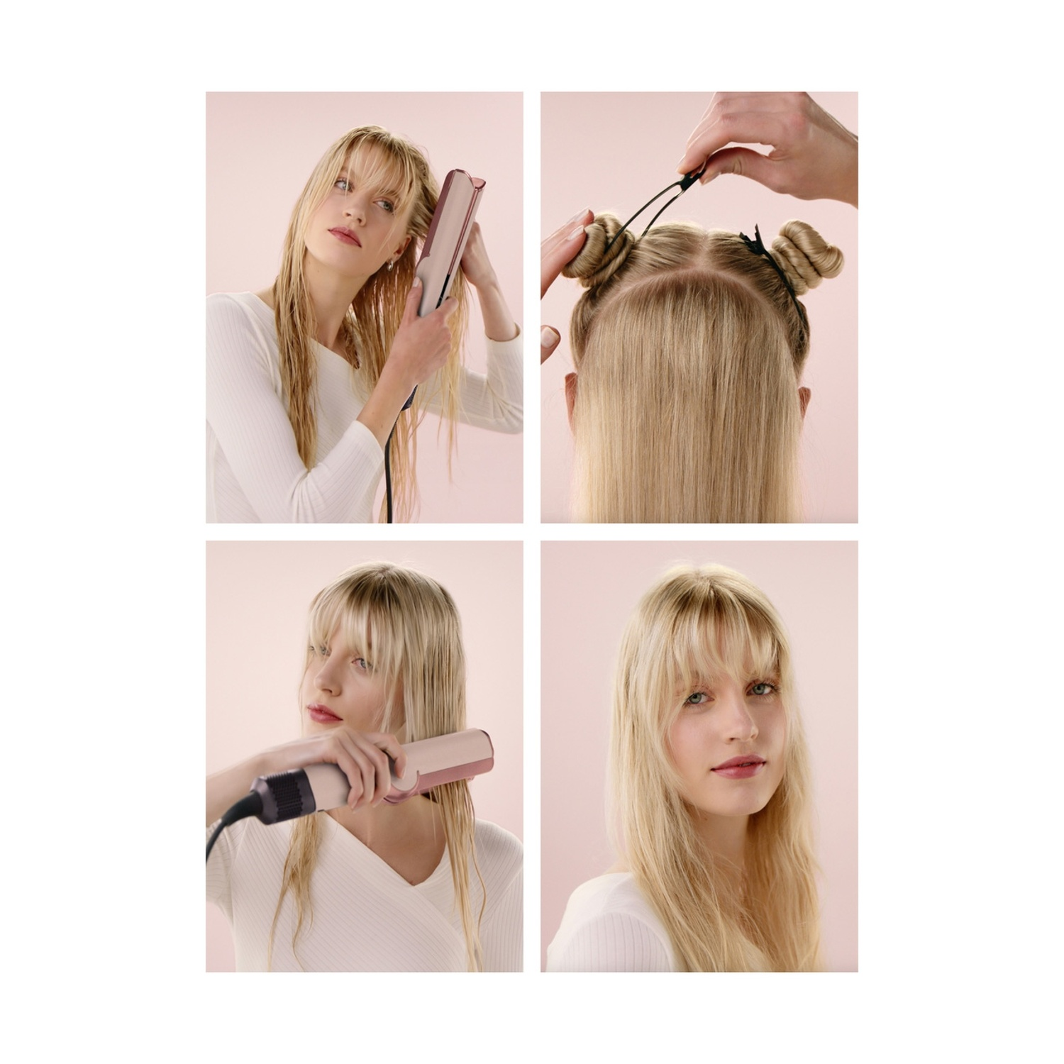 Immagine a quattro pannelli: donna che usa una piastra per capelli, capelli acconciati in chignon, lisciatura dei capelli e acconciatura finita.
