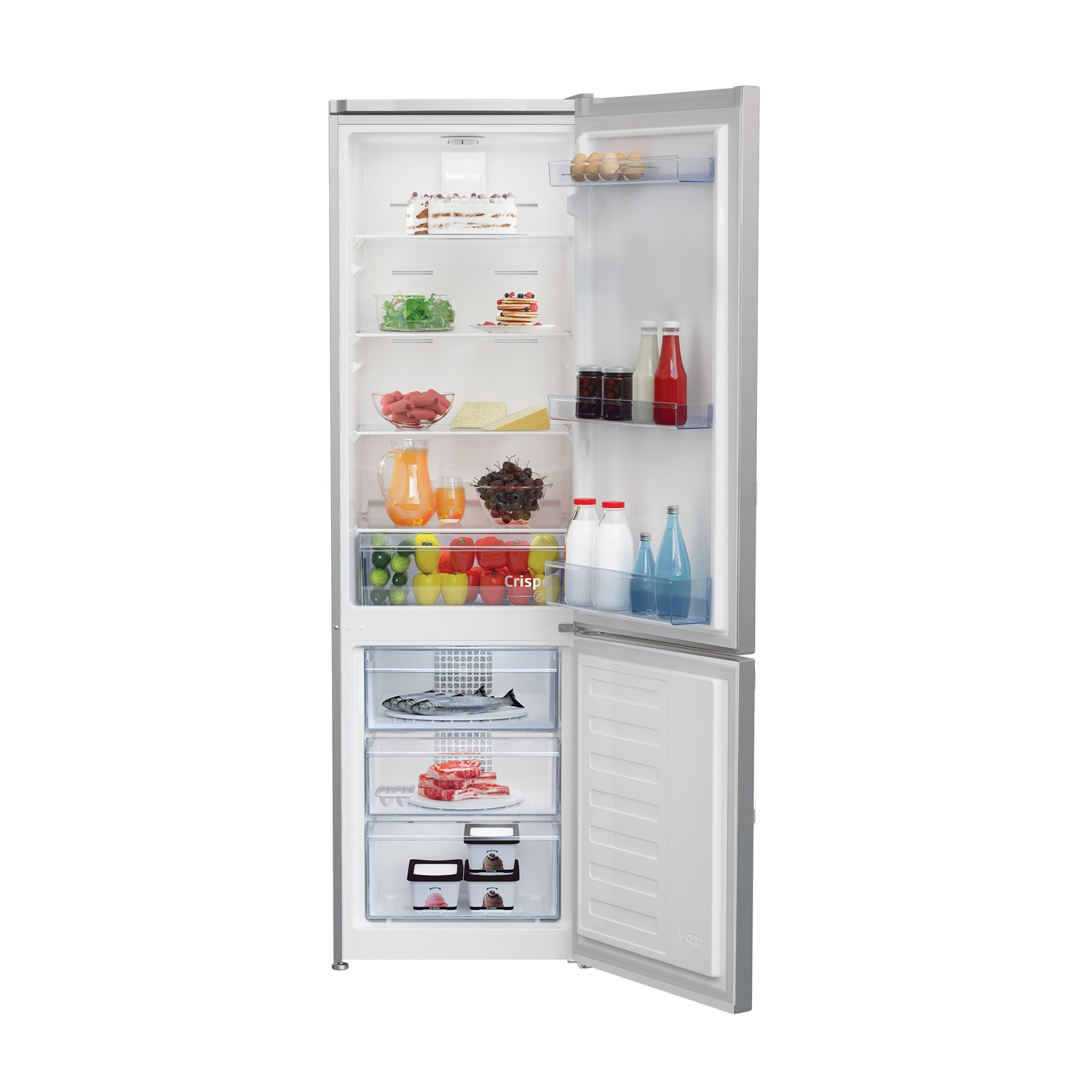 Frigorifero aperto con generi alimentari come frutta, verdura, bevande e carne. Ha diversi ripiani e cassetti, la porta è aperta.