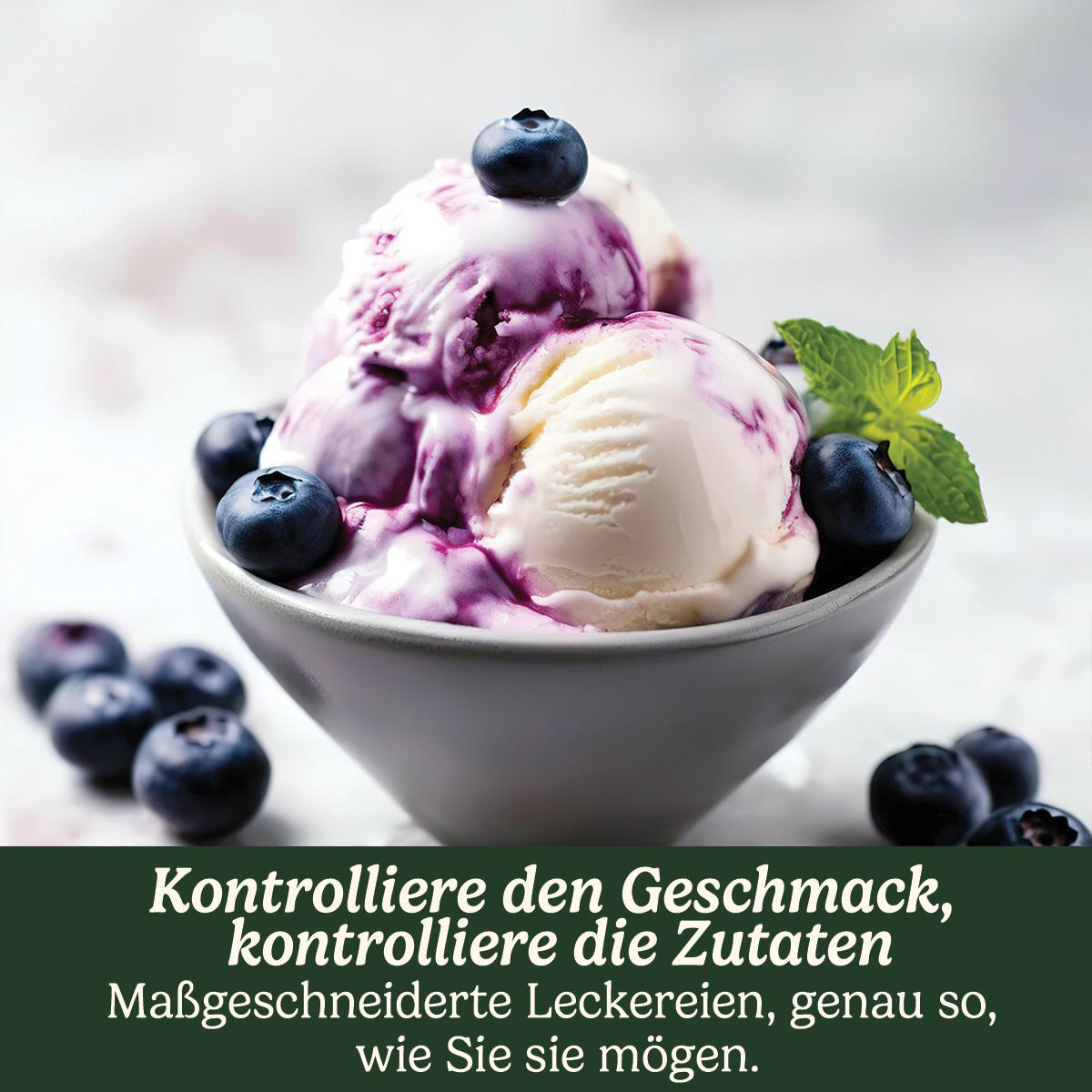Eiscreme mit Blaubeersauce und frischen Blaubeeren in einer Schüssel. Minzblätter zur Dekoration. Text auf Deutsch.