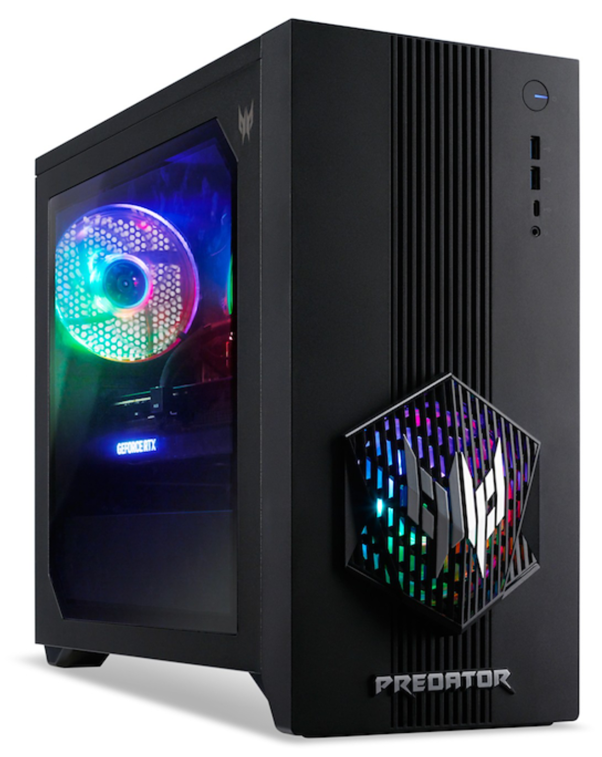 PC gaming Predator negro. Cuenta con panel lateral de vidrio, ventilador iluminado y logotipo. El panel frontal tiene un diseño geométrico con luces.