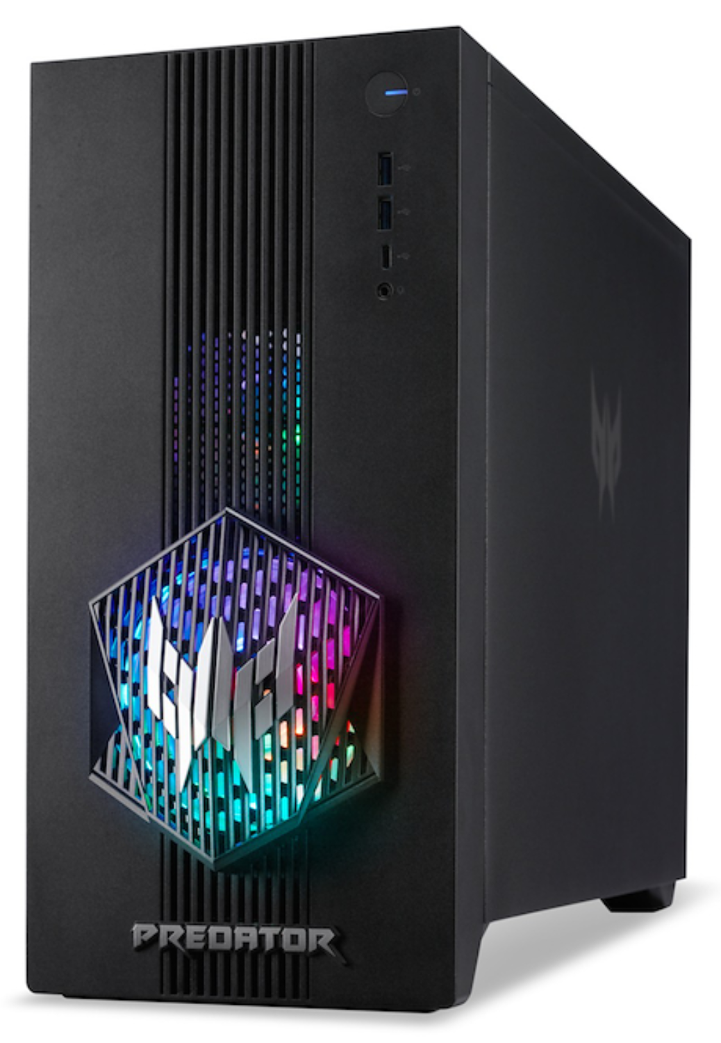 PC gaming Predator negro. Tiene un panel frontal con el logotipo Predator, rejillas y luces de colores. La carcasa es negra.