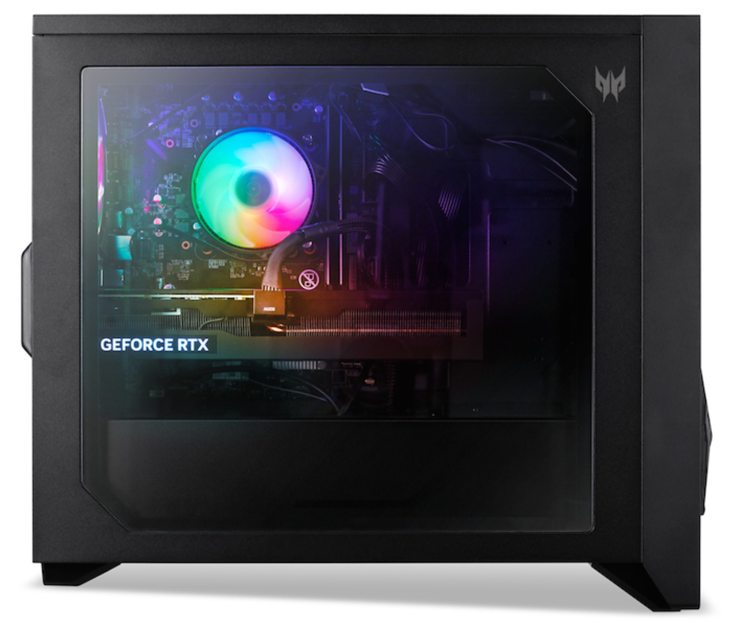 Caja de ordenador negra con panel de cristal. Dentro hay componentes con luces de colores, incluido un ventilador. "GEFORCE RTX" es visible.