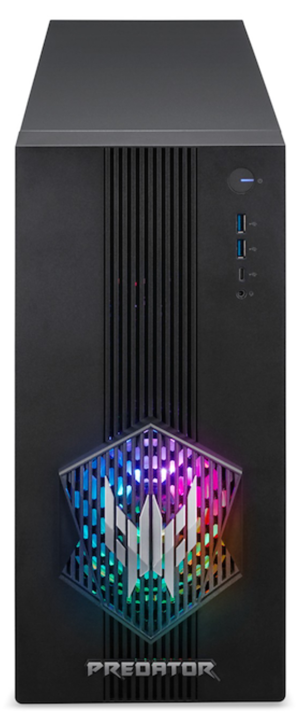 Una computadora de escritorio para juegos Predator negra. Tiene un panel frontal con ventilación e iluminación LED. El logotipo de Predator es visible.