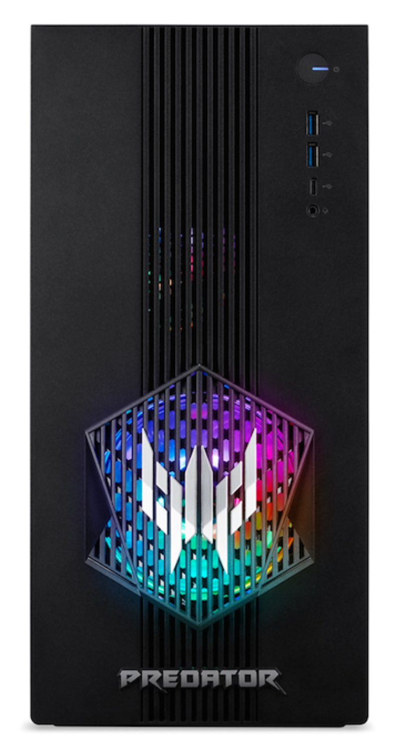 Una carcasa de PC Predator negra. Tiene un logotipo brillante y un ventilador colorido. La parte superior tiene puertos y un botón de encendido.