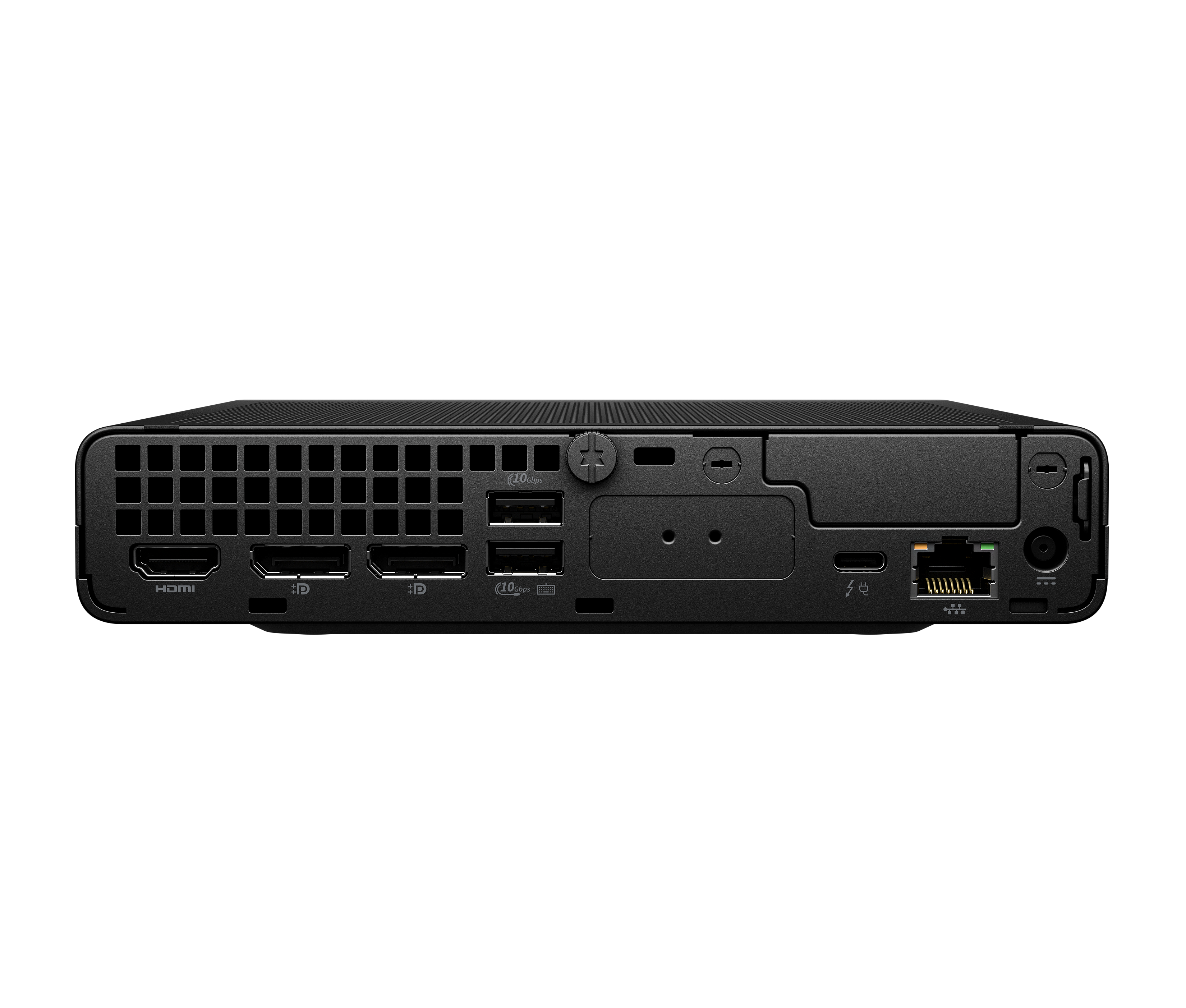 Ein schwarzes Computergerät mit verschiedenen Anschlüssen, darunter HDMI, USB und Ethernet, auf weißem Hintergrund.