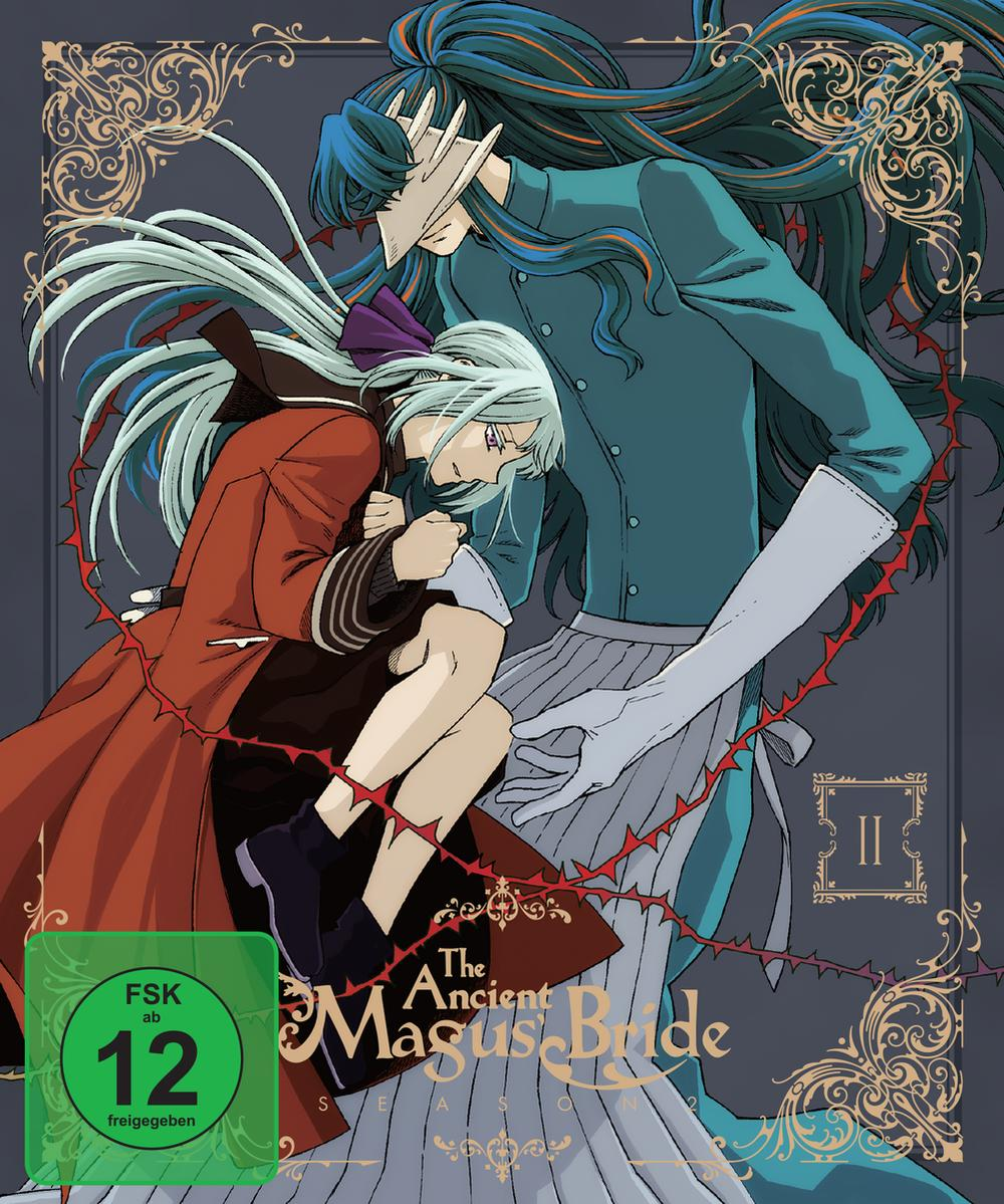 Anime-Cover. Eine Frau und eine große Figur mit langen blauen Haaren. Der Titel lautet 'The Ancient Magus Bride'. Altersfreigabe ist 12.