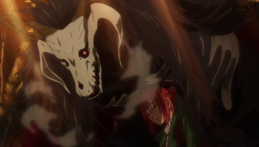 Anime-Szene: Eine schädelartige Kreatur mit roten Augen ragt über einem rothaarigen Mädchen in einem grünen Mantel.