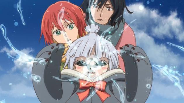 Anime-Kunstwerk von drei Personen. Ein Mädchen mit weißem Haar steht im Mittelpunkt, andere schauen über sie. Blaue Wassereffekte umgeben sie.