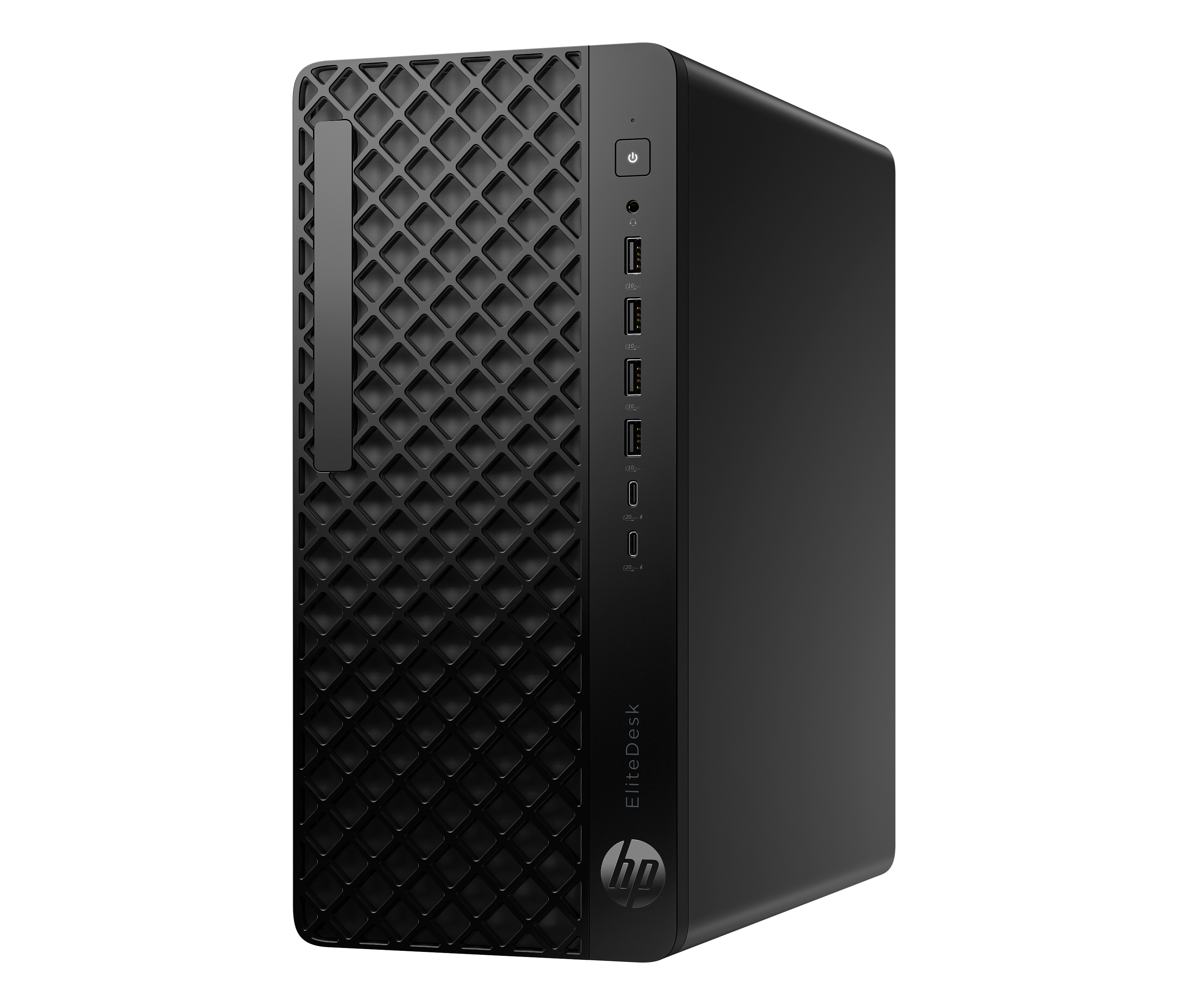 Schwarzer HP EliteDesk-Computer. Die Frontplatte hat ein Rasterdesign und Anschlüsse. Die Seitenplatte ist schlicht.