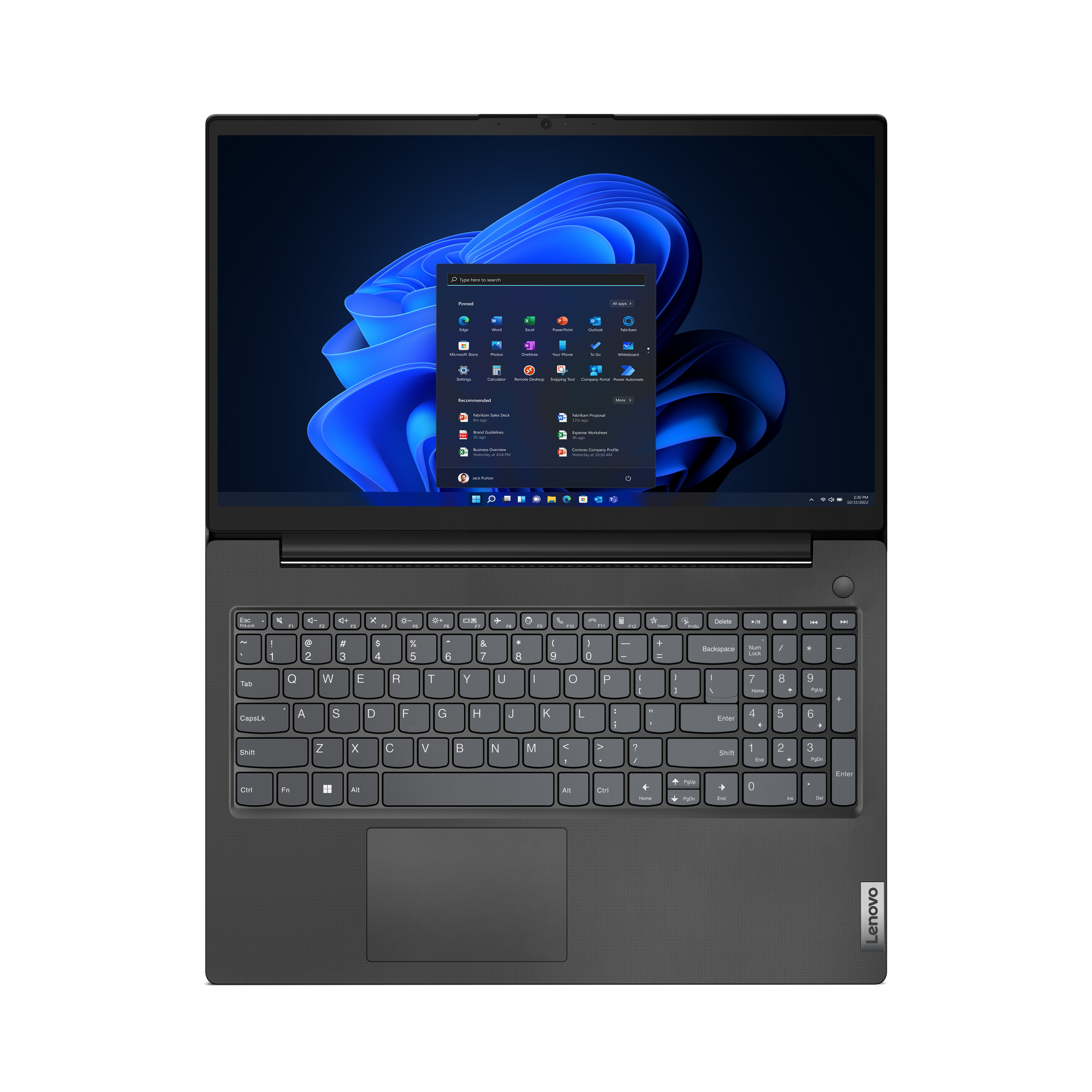 Ein geöffneter Lenovo-Laptop, der die Windows 11-Oberfläche anzeigt. Tastatur sichtbar. Graues Gehäuse. Schwarzer Bildschirm.