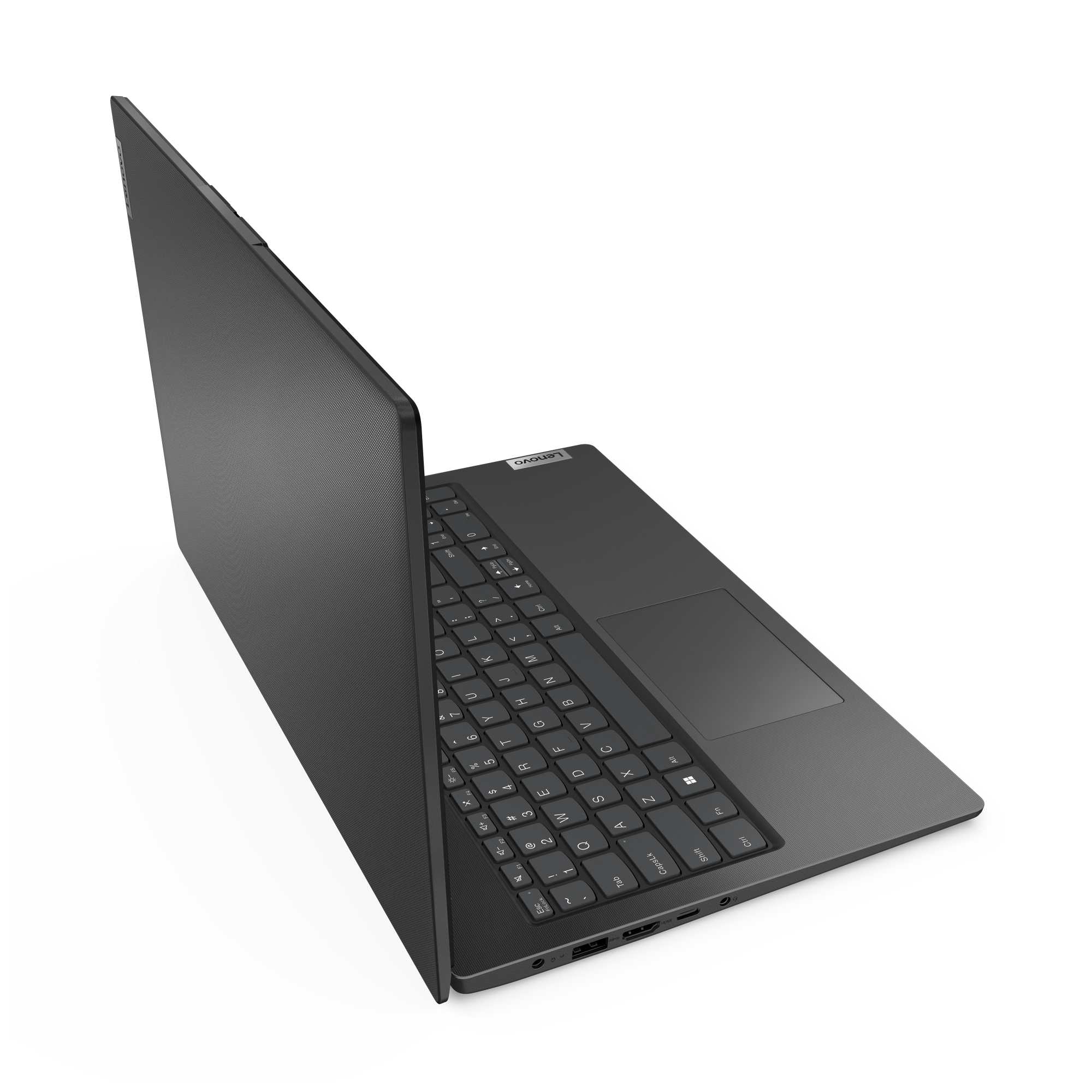 Ein dunkelgrauer Lenovo-Laptop ist leicht geöffnet und zeigt die Tastatur. Der Hintergrund ist grau.