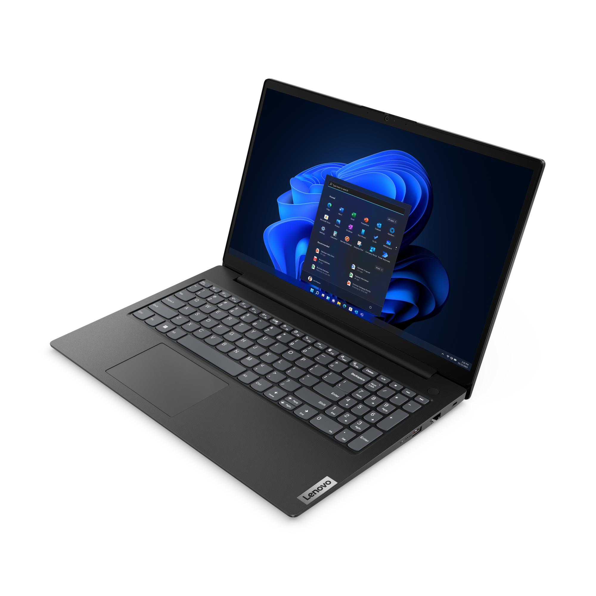 Schwarzer Lenovo-Laptop auf grauem Untergrund. Der Bildschirm zeigt das Windows-Startmenü. Die Tastatur ist sichtbar.