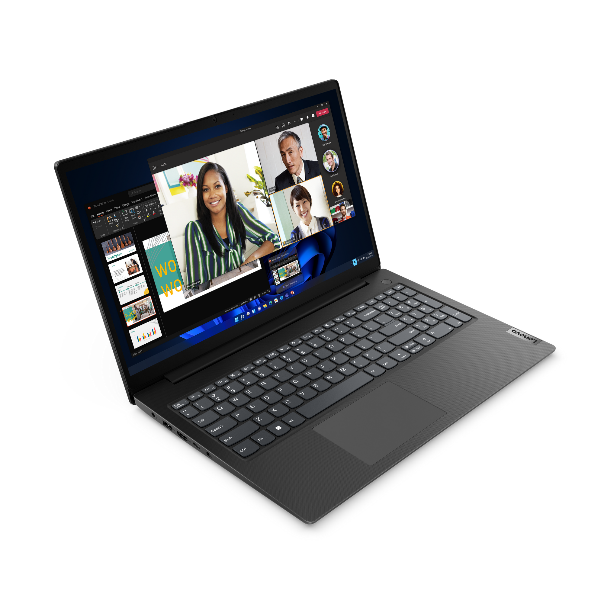 Ein schwarzer Lenovo-Laptop zeigt einen Videoanruf mit vier Personen und eine Präsentation auf der linken Seite.